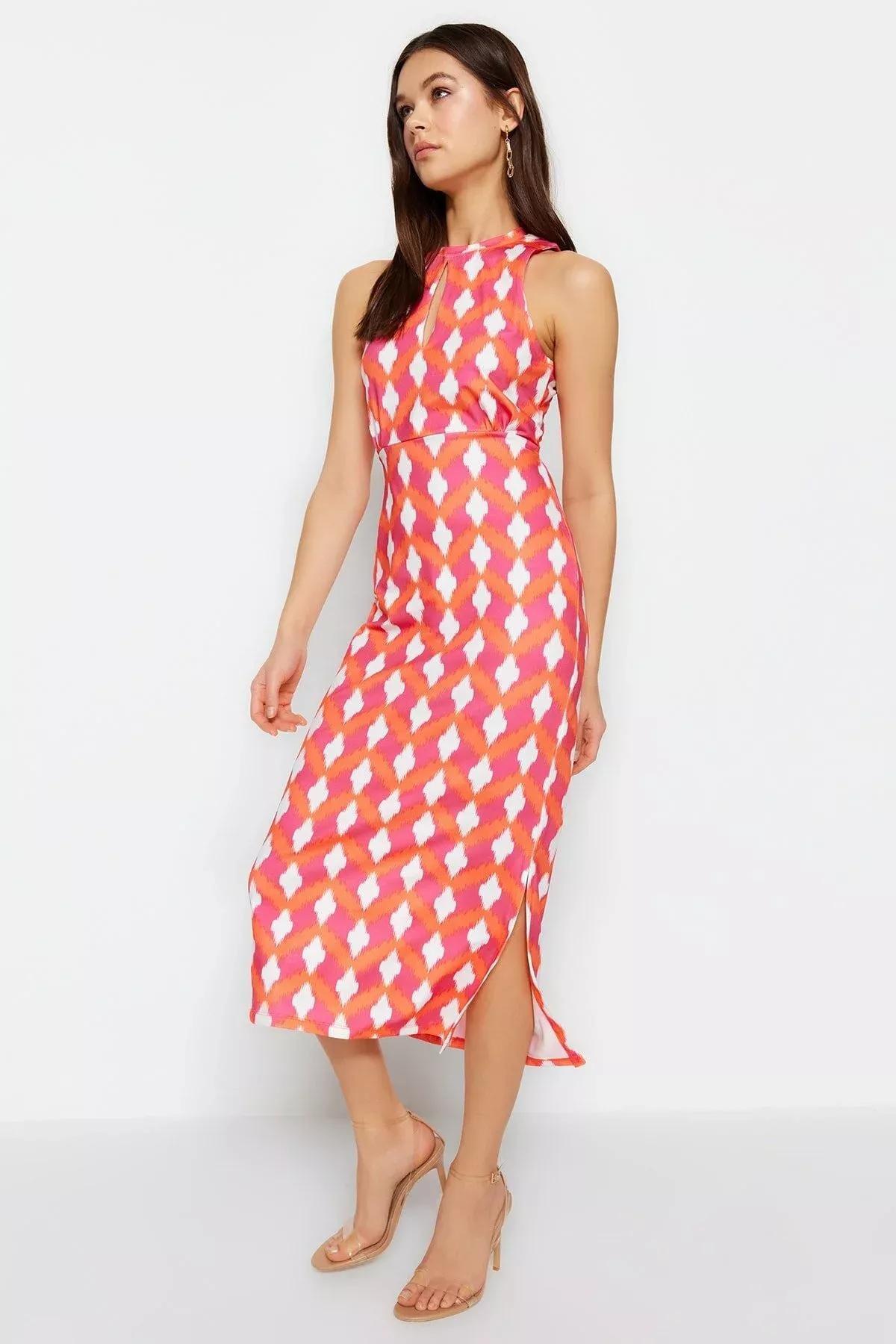 Red Retro Patterned Fitted Detailed Dress, Red, large image number 2