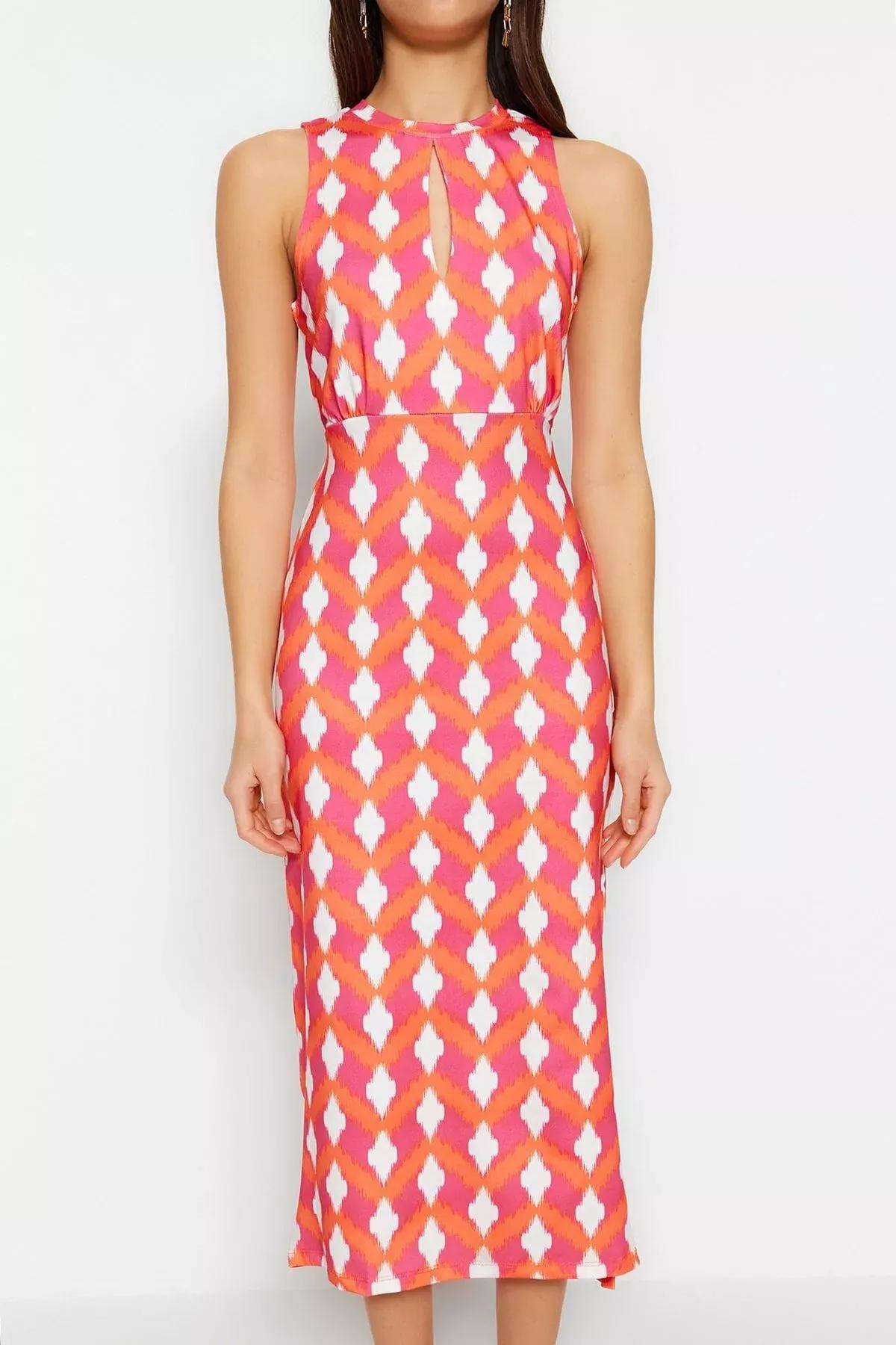 Red Retro Patterned Fitted Detailed Dress, Red, large image number 3