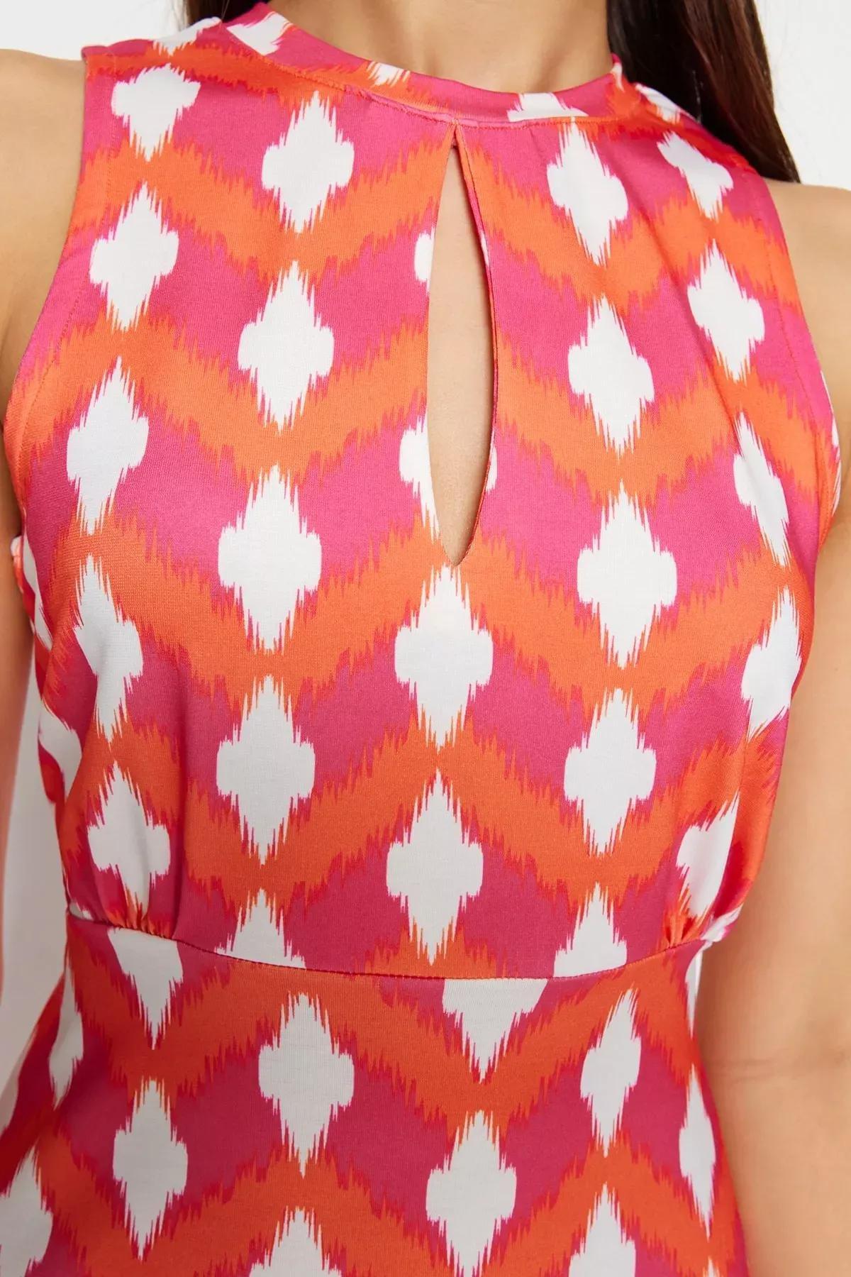 Red Retro Patterned Fitted Detailed Dress, Red, large image number 4