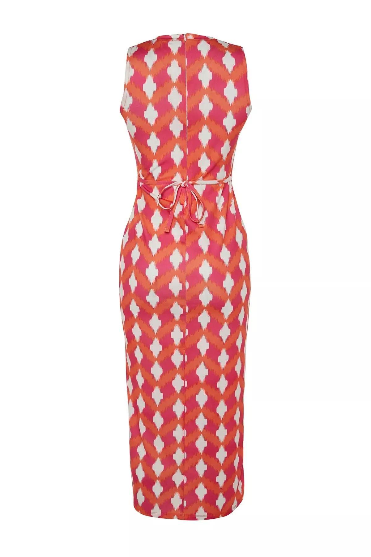 Red Retro Patterned Fitted Detailed Dress, Red, large image number 5