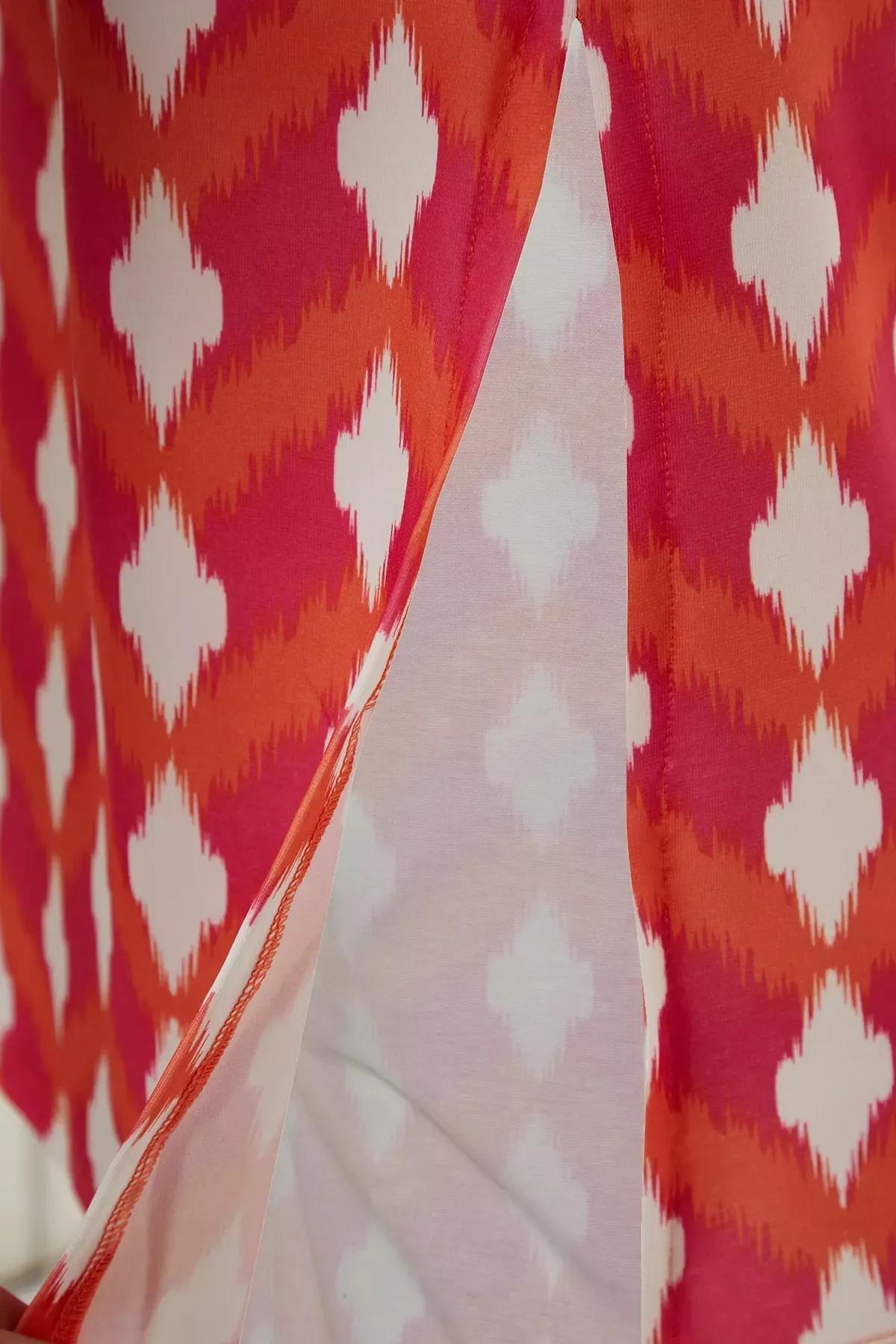 Red Retro Patterned Fitted Detailed Dress, Red, large image number 6