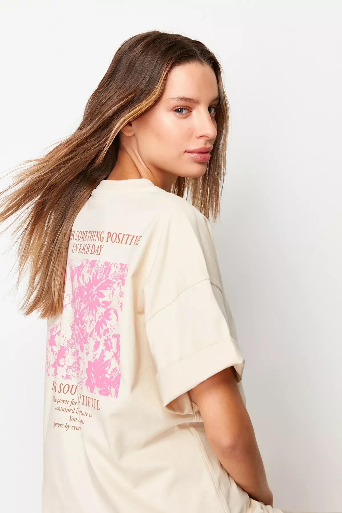Beige Floral Oversized T-Shirt, , medium