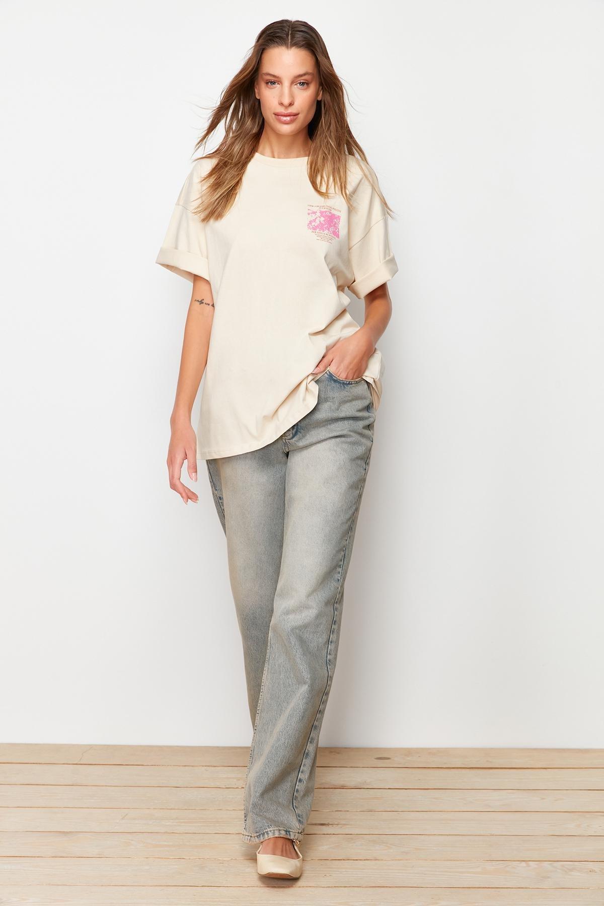 Beige Floral Oversized T-Shirt, , large image number 1