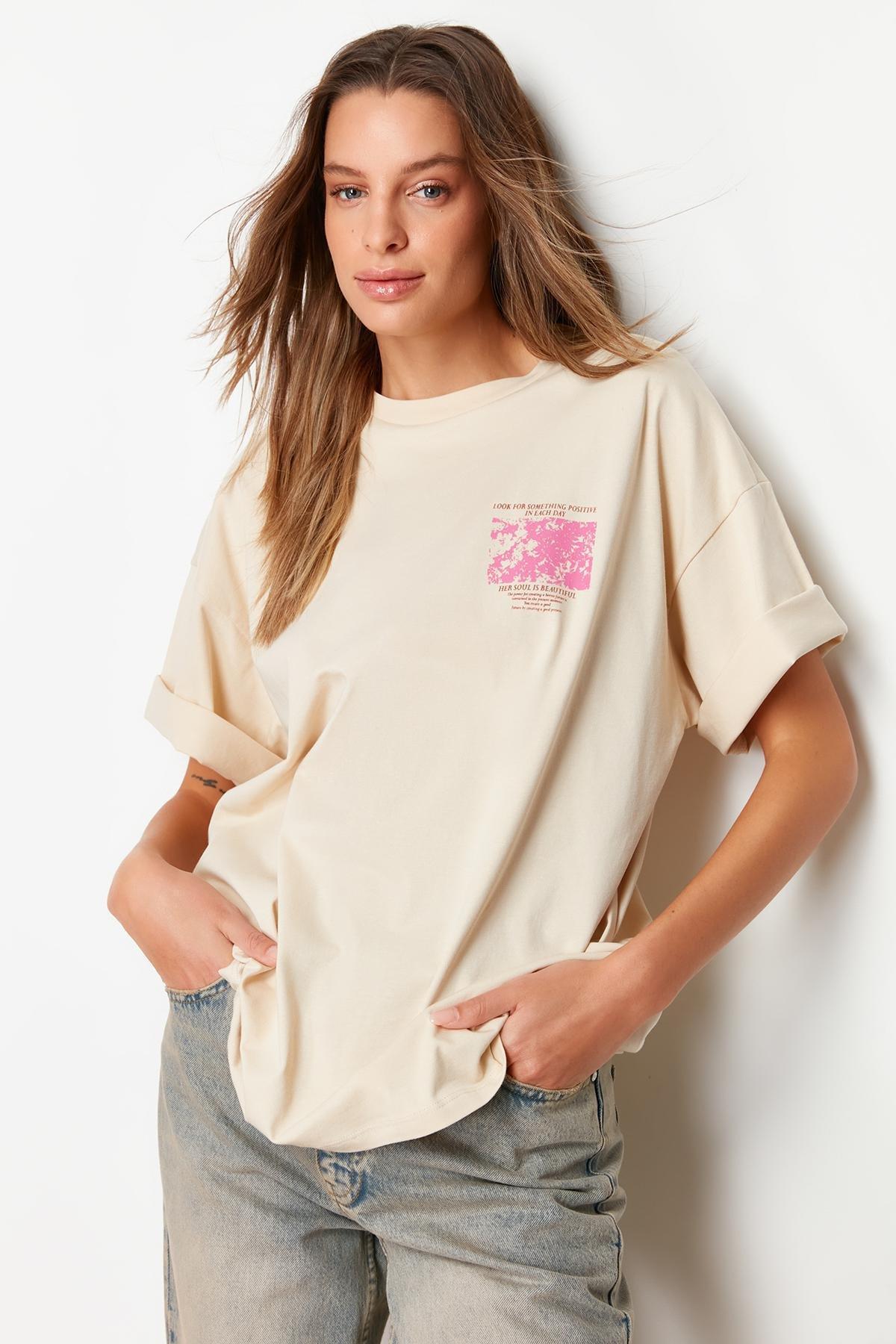 Beige Floral Oversized T-Shirt, , large image number 2