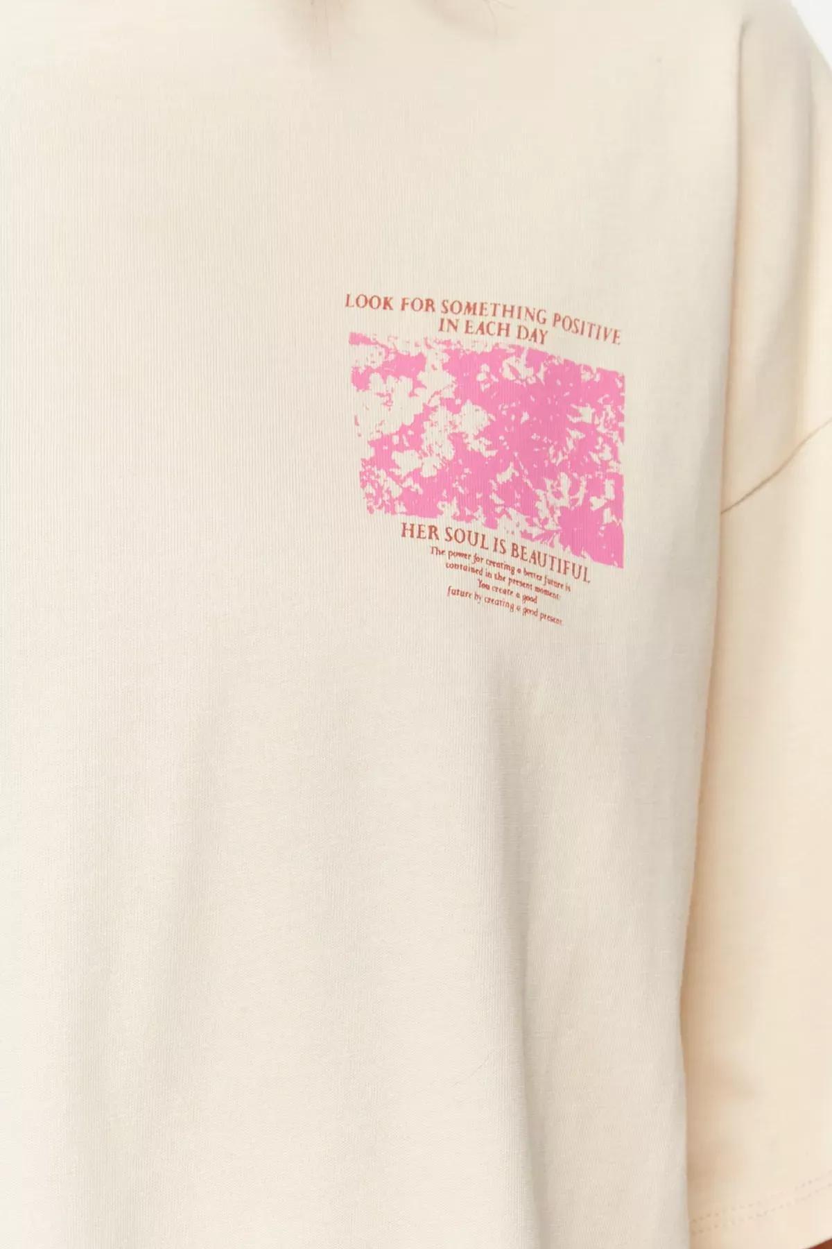 Beige Floral Oversized T-Shirt, Beige, large image number 2