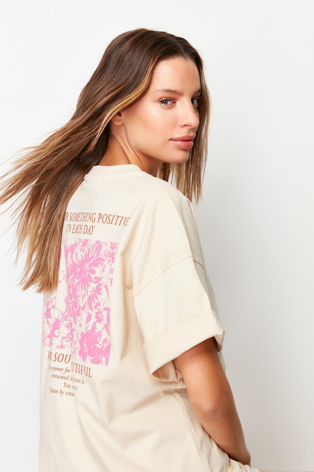 Beige Floral Oversized T-Shirt, , large image number 3