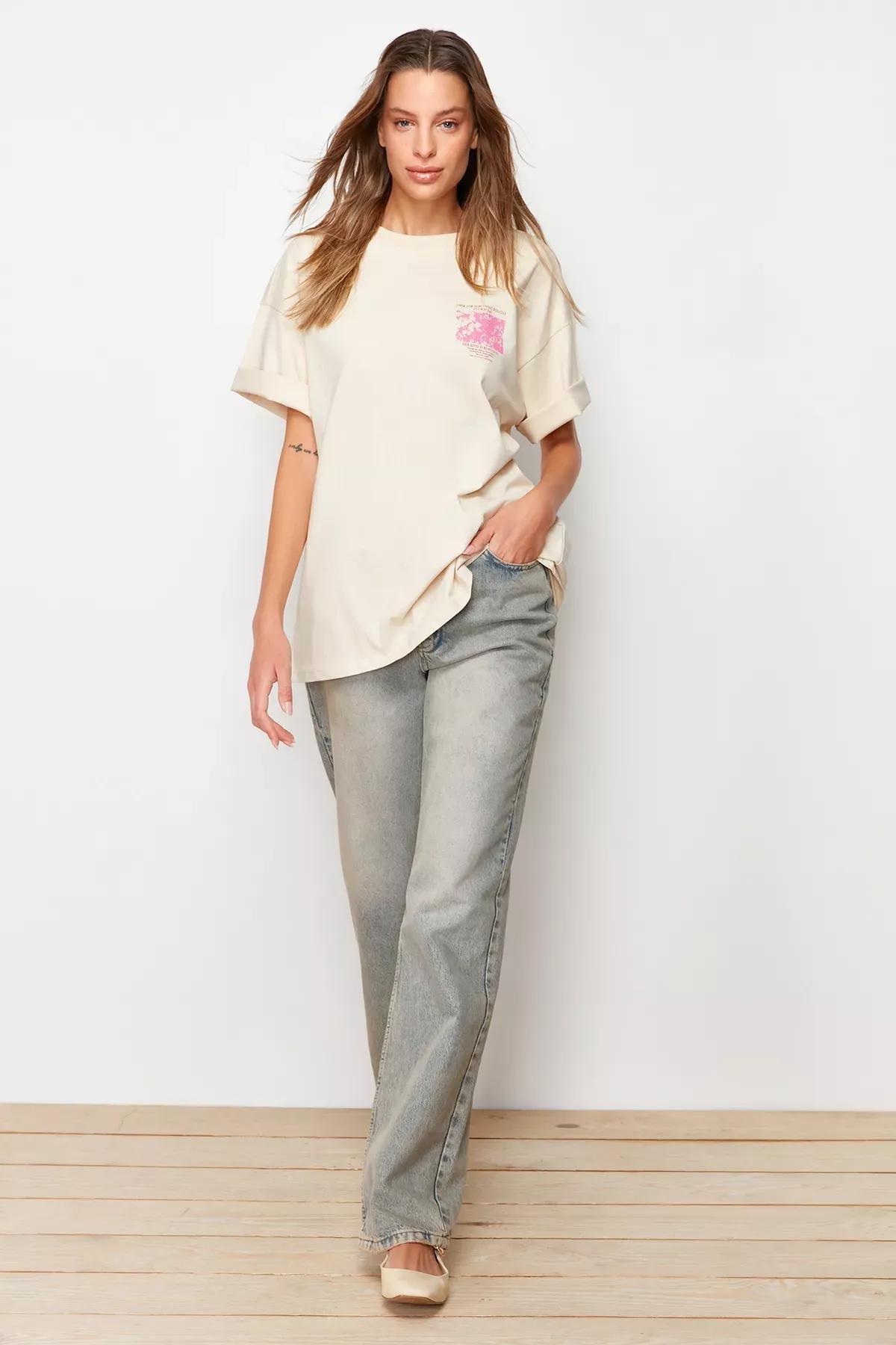 Beige Floral Oversized T-Shirt, Beige, large image number 3