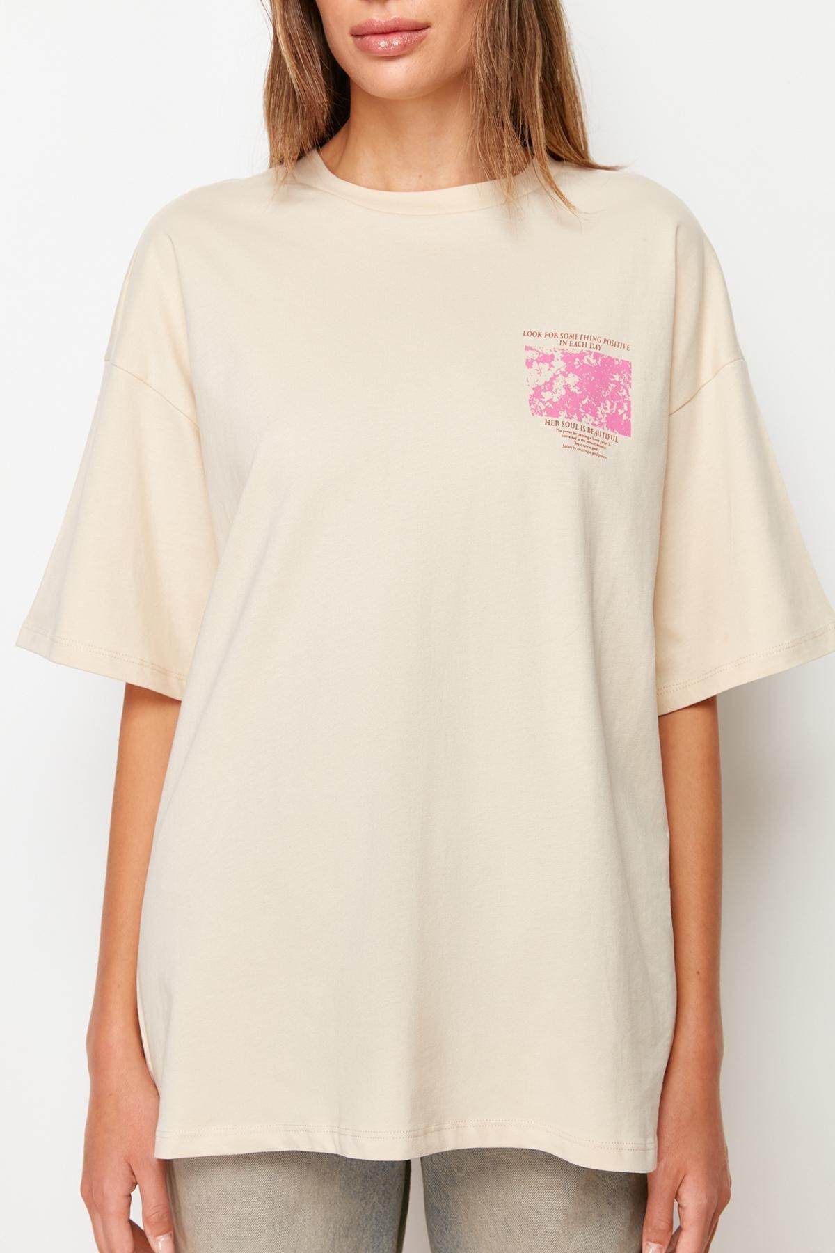 Beige Floral Oversized T-Shirt, , large image number 4