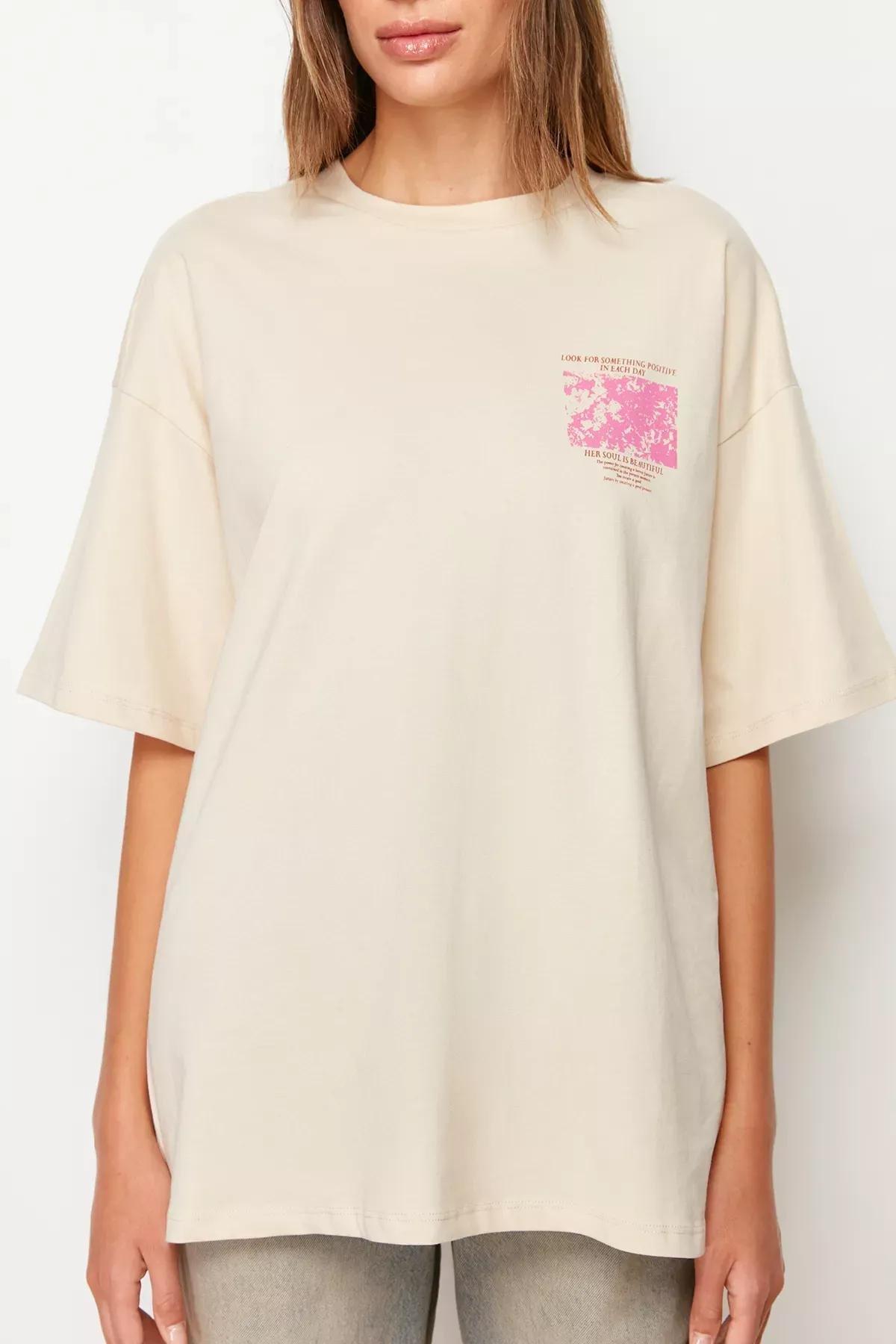 Beige Floral Oversized T-Shirt, Beige, large image number 4
