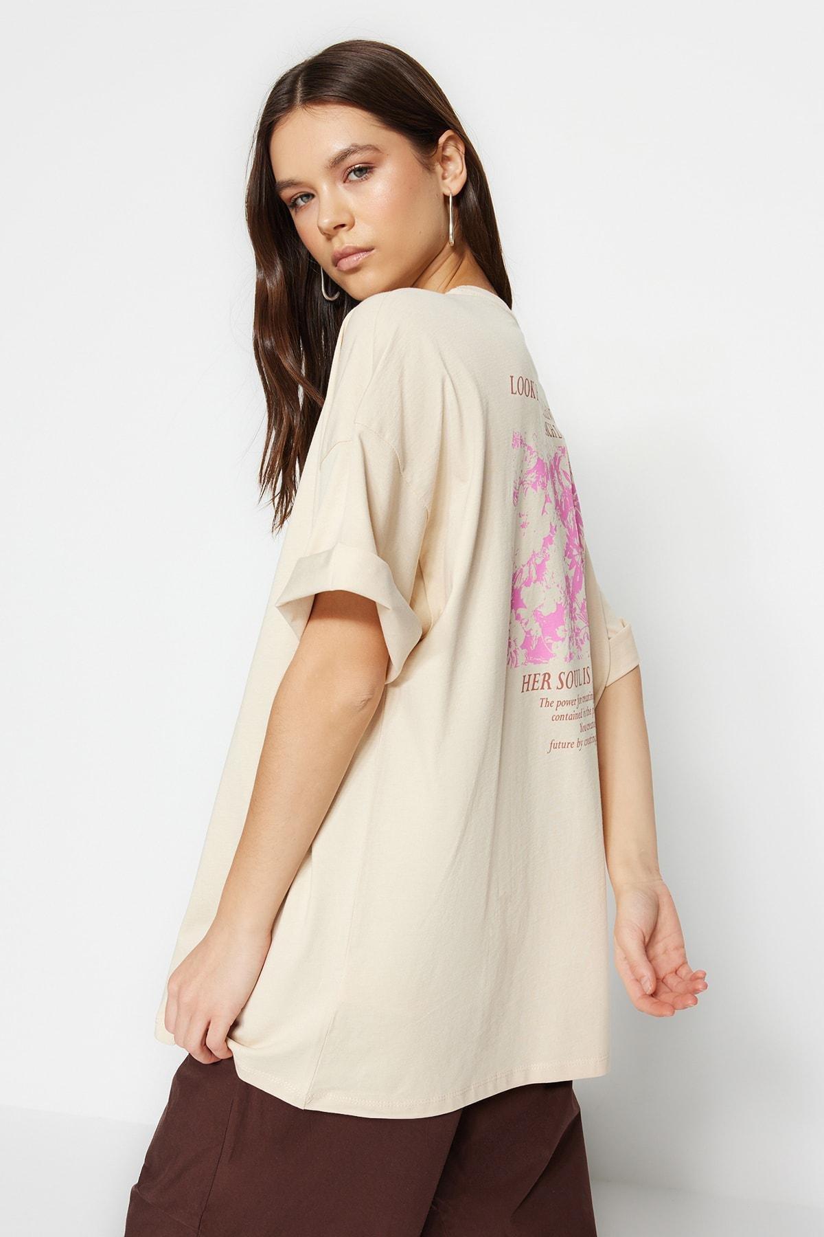 Beige Floral Oversized T-Shirt, , large image number 5