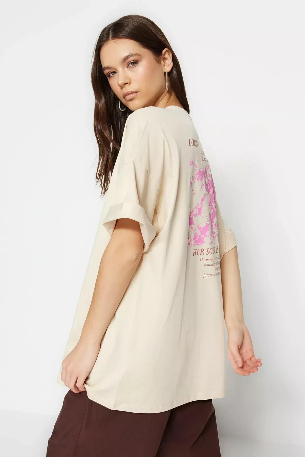 Beige Floral Oversized T-Shirt, Beige, large image number 5