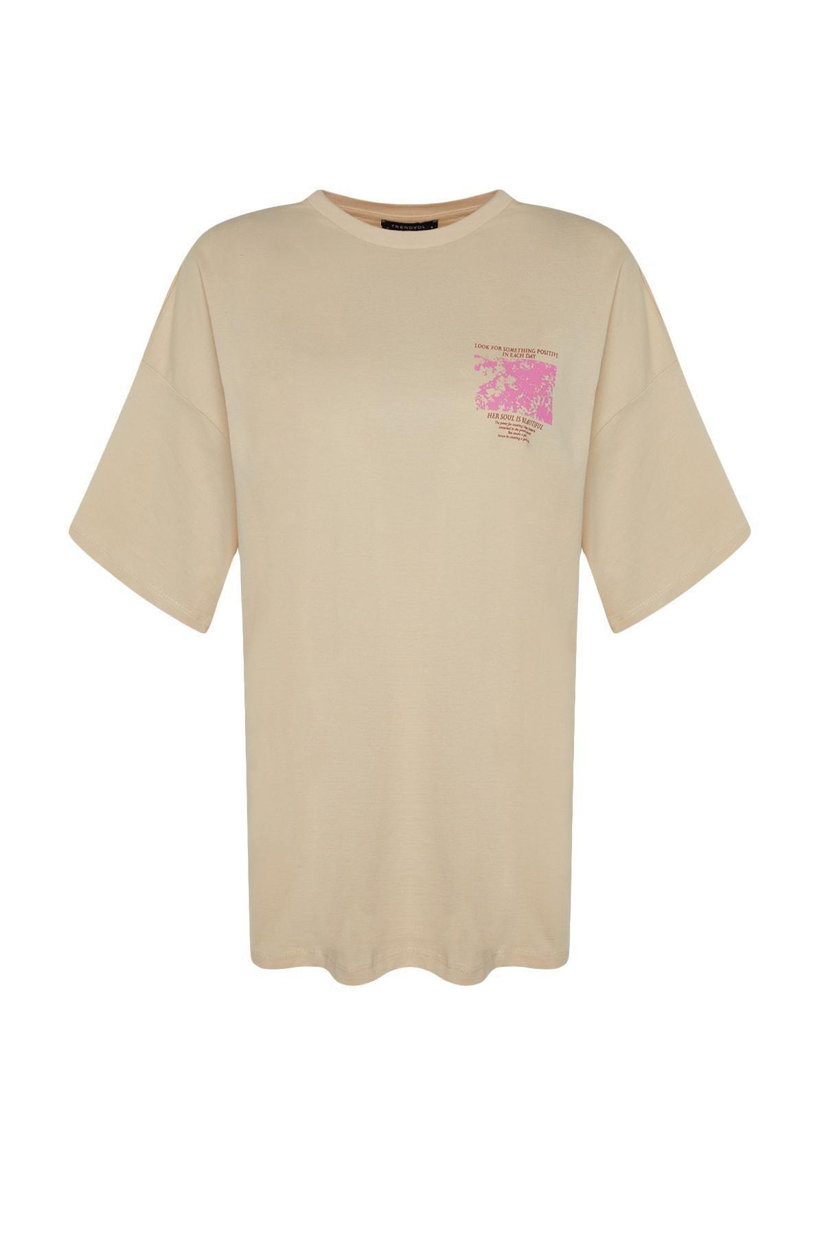 Beige Floral Oversized T-Shirt, , large image number 6