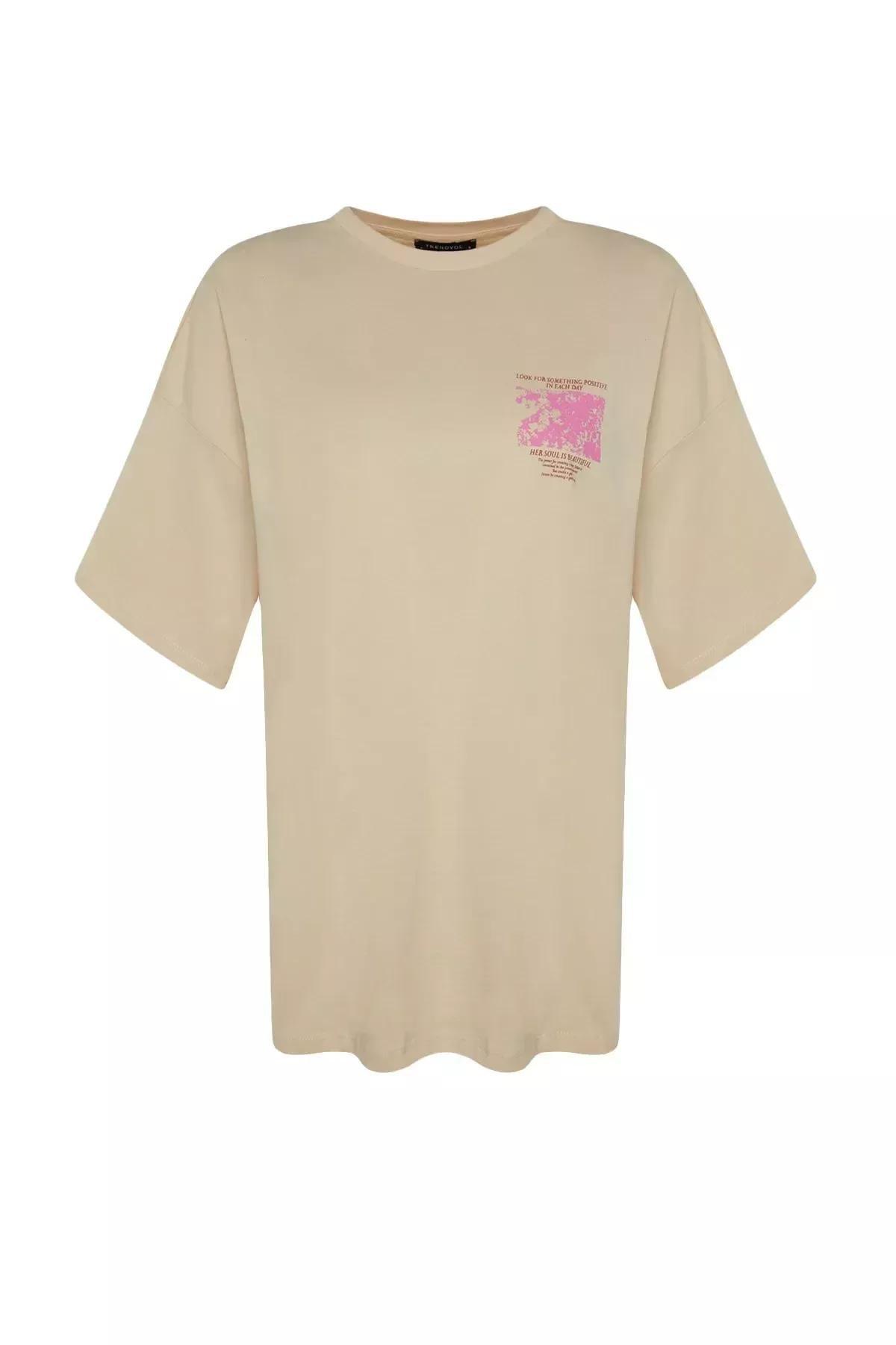 Beige Floral Oversized T-Shirt, Beige, large image number 6