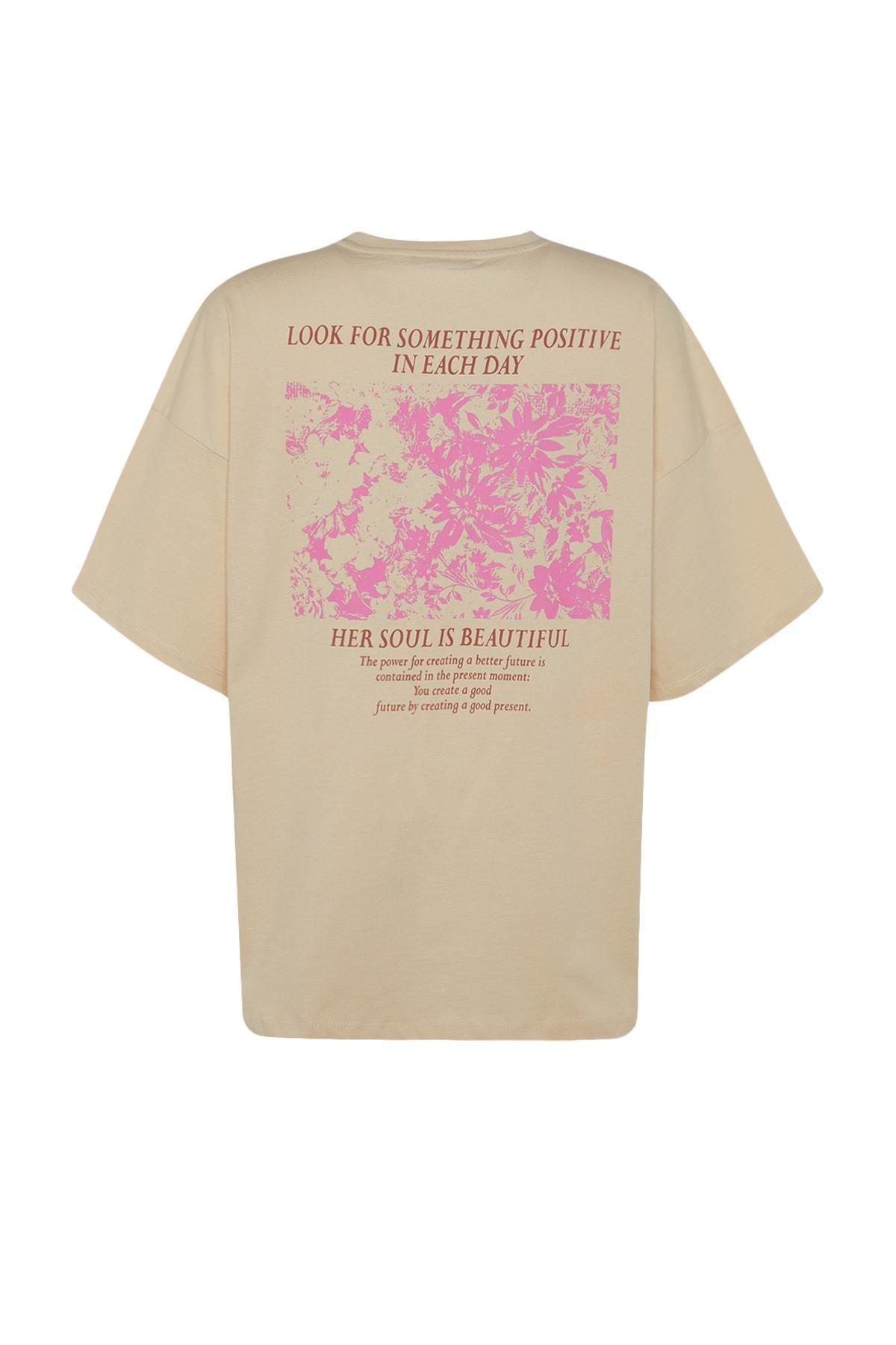 Beige Floral Oversized T-Shirt, , large image number 7
