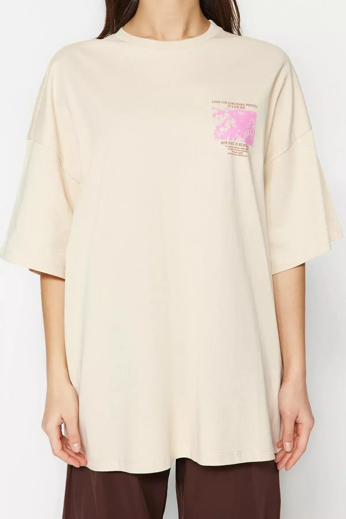 Beige Floral Oversized T-Shirt, Beige, large image number 7