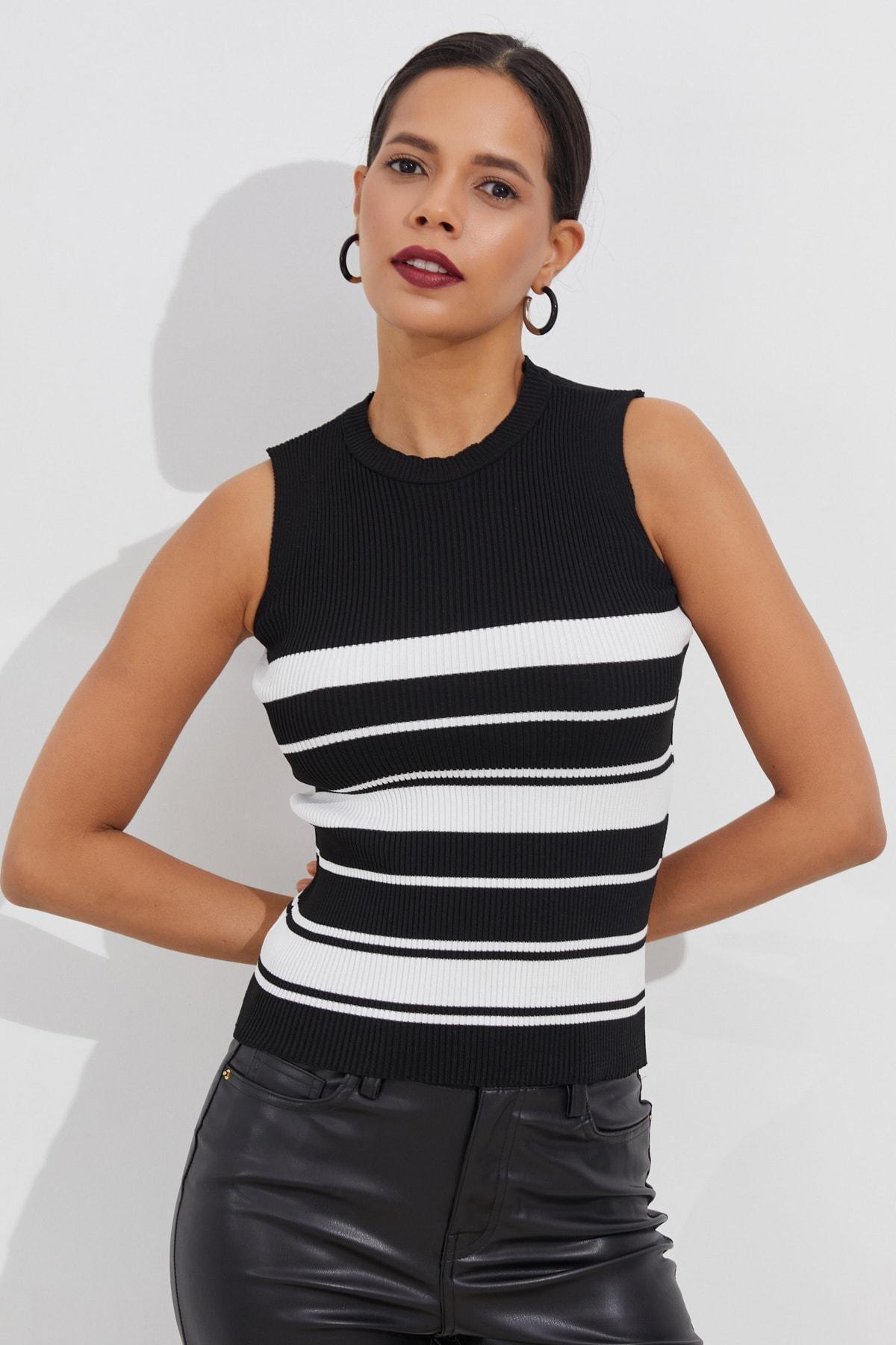 Black Striped Fitted Blouse, BLACK WHITE, large image number 1