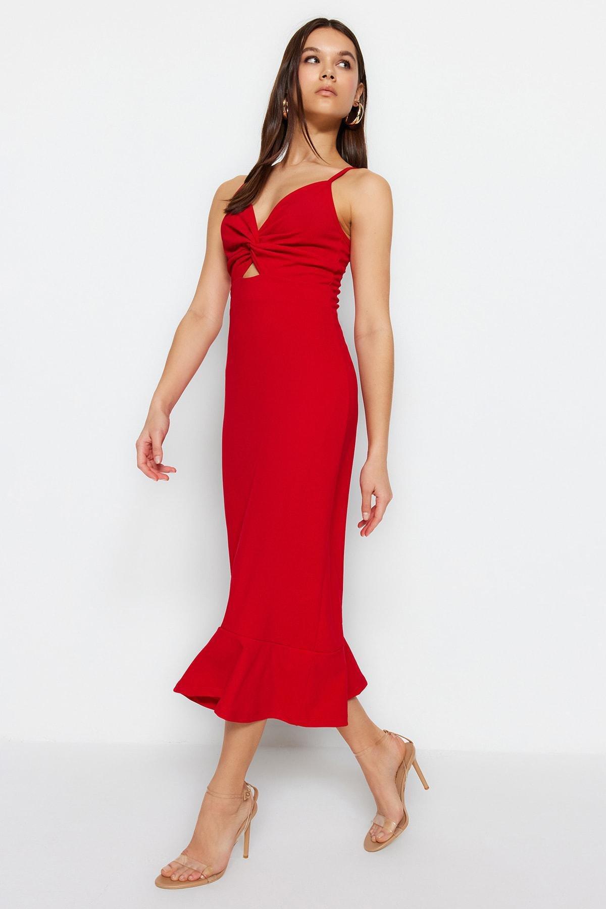 Trendyol - Red Ruffle Hem V-Neck Dress