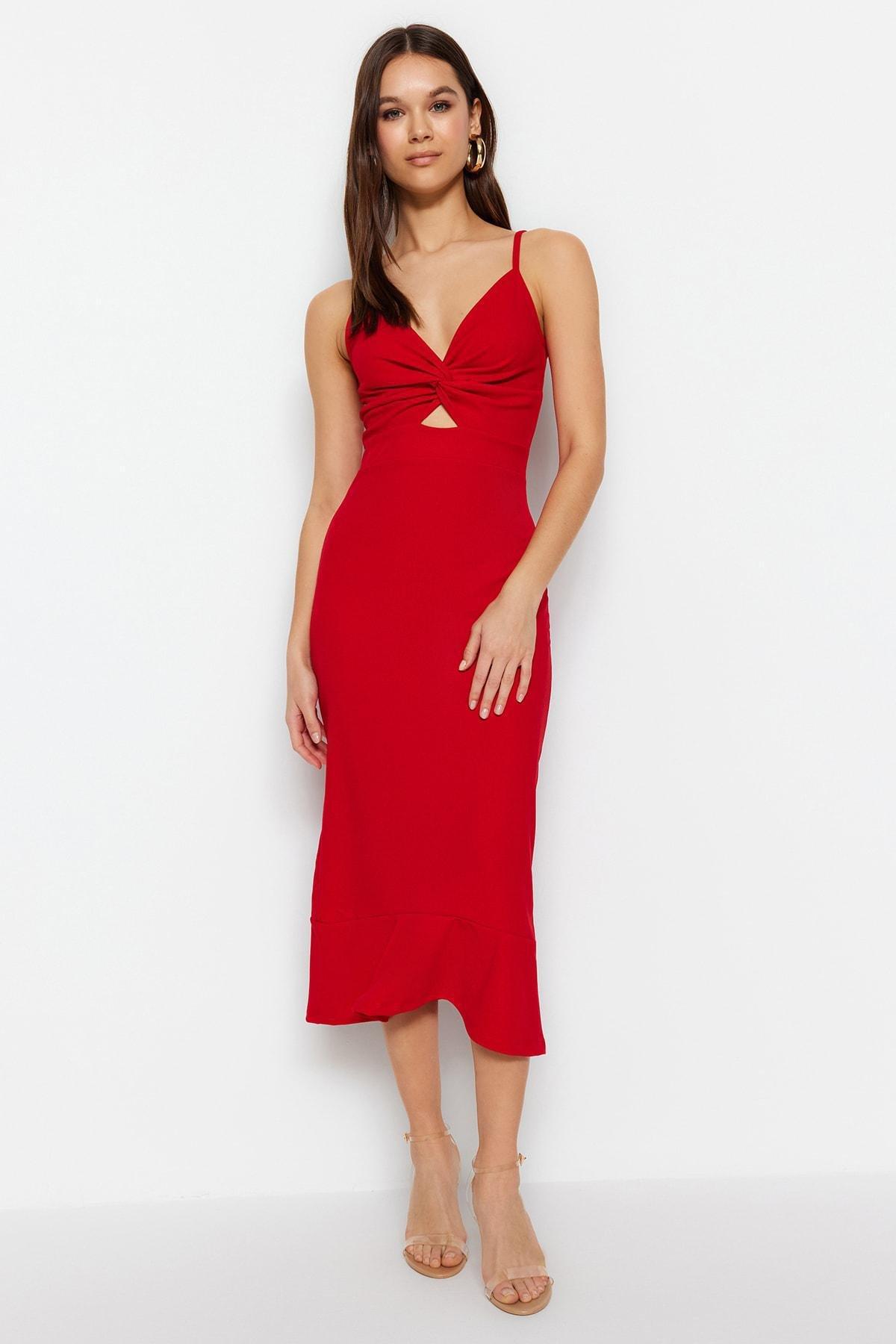 Trendyol - Red Ruffle Hem V-Neck Dress