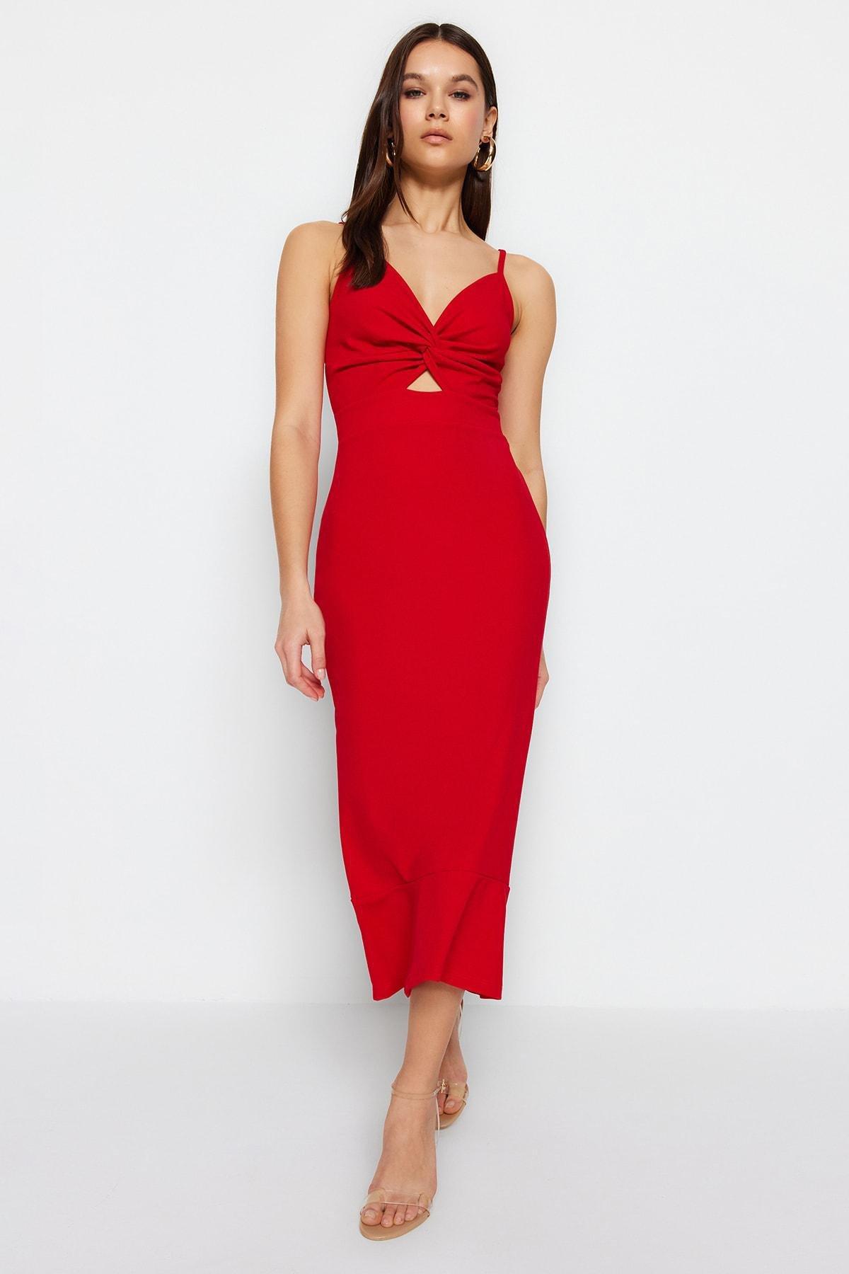 Trendyol - Red Ruffle Hem V-Neck Dress