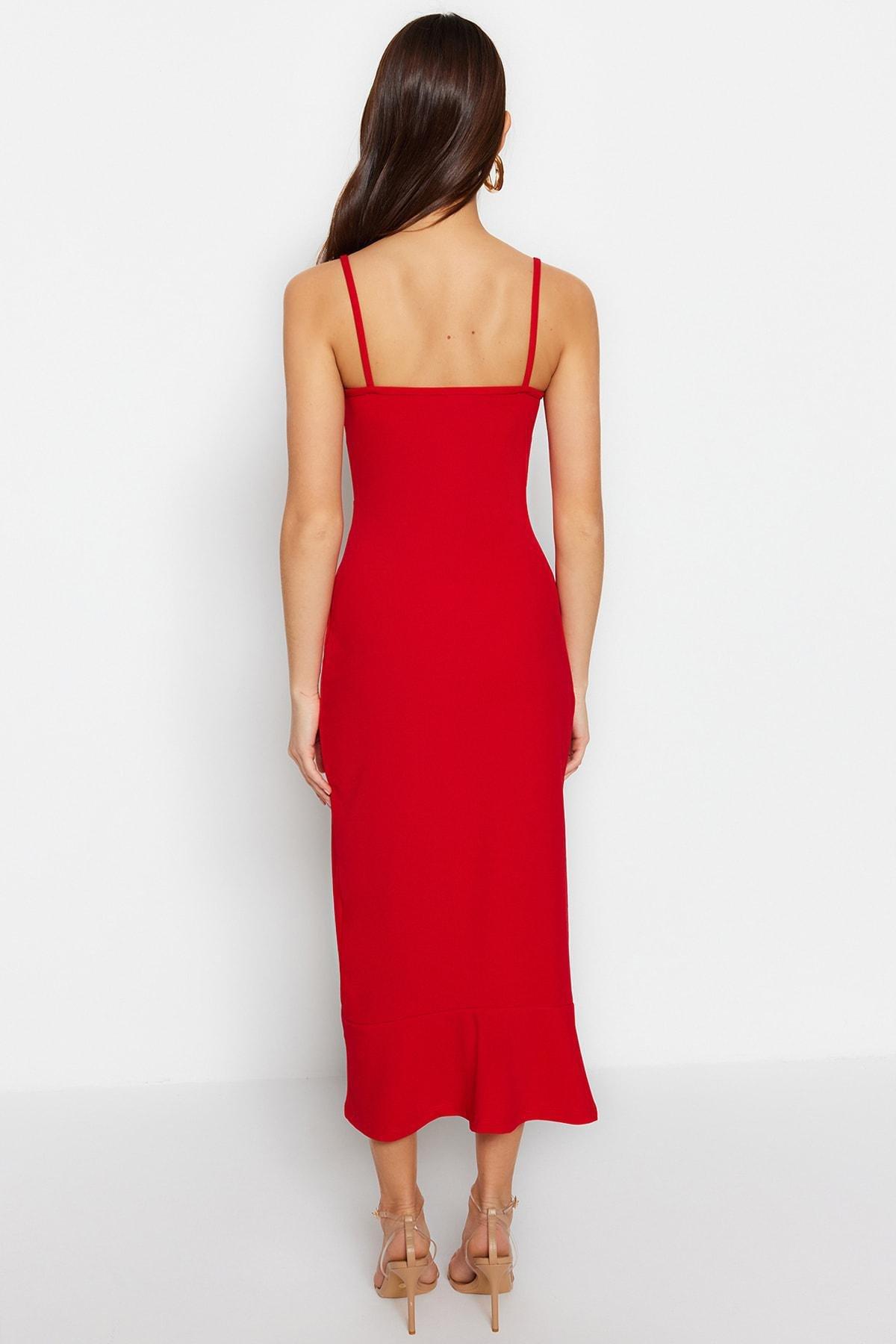 Red Ruffle Hem V-Neck Dress, , large image number 5
