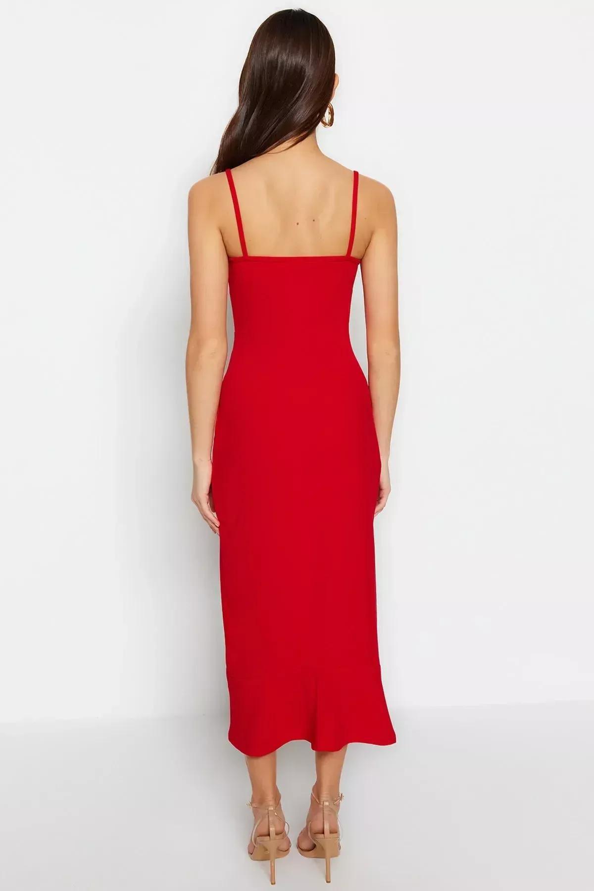 Red Ruffle Hem V-Neck Dress, , large image number 5