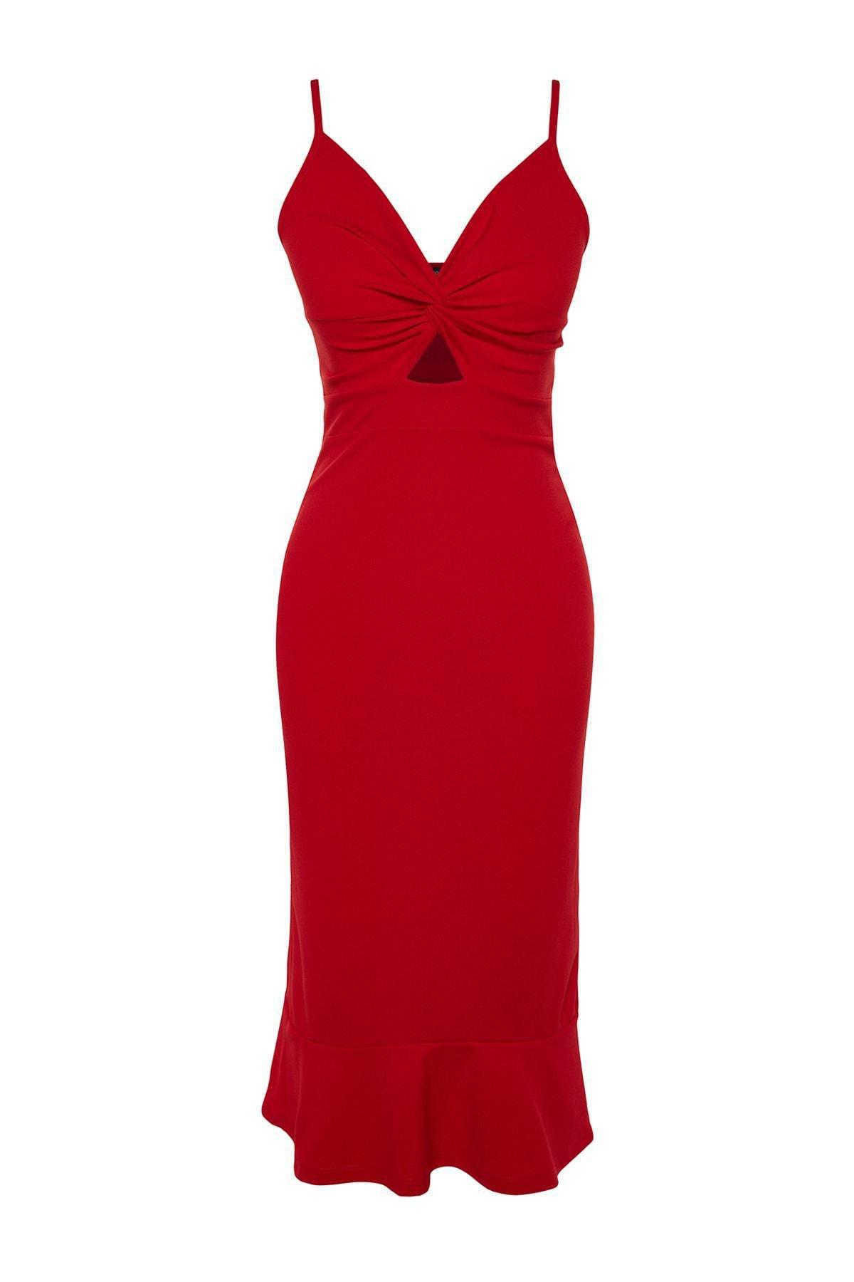 Trendyol - Red Ruffle Hem V-Neck Dress
