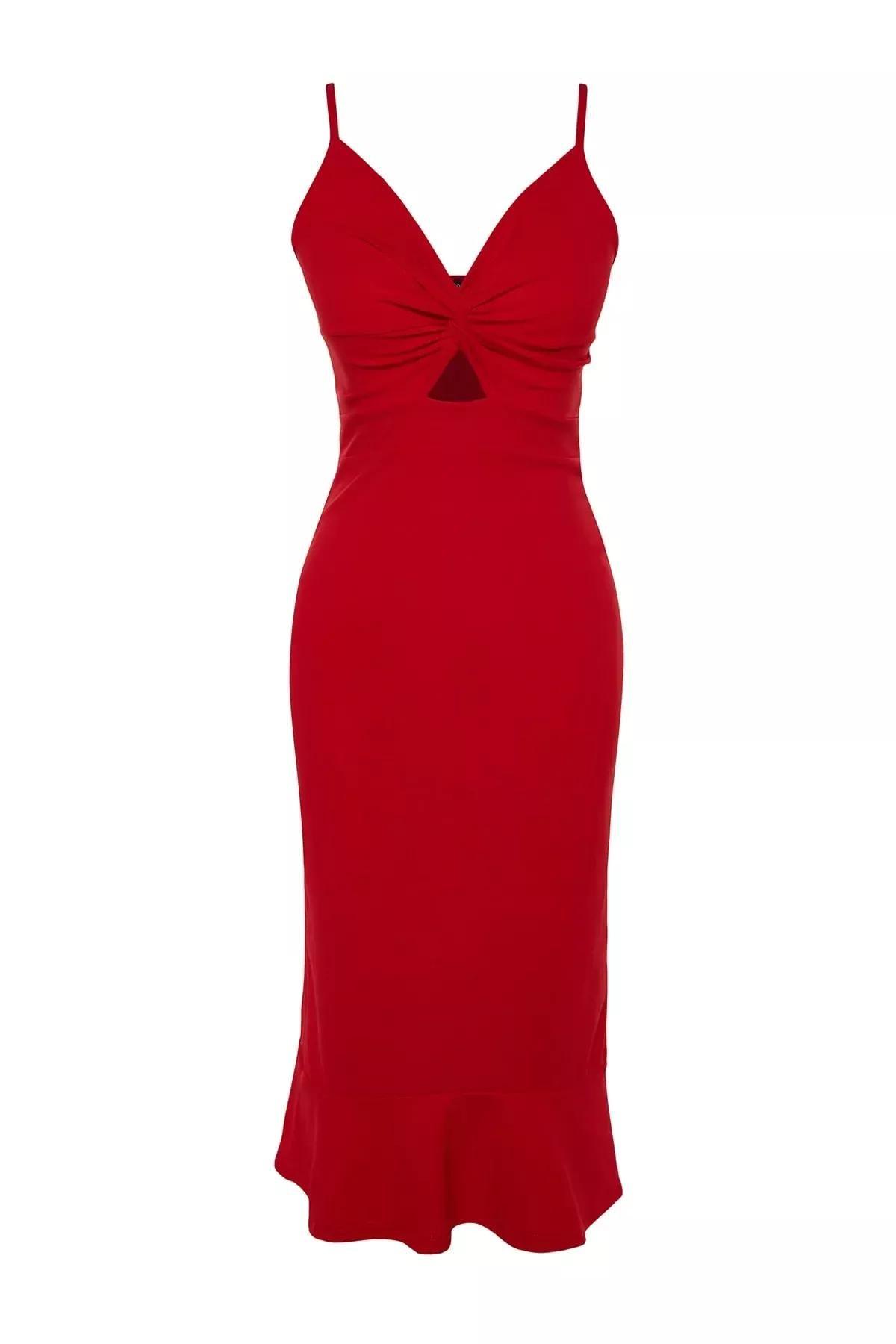 Red Ruffle Hem V-Neck Dress, , large image number 6