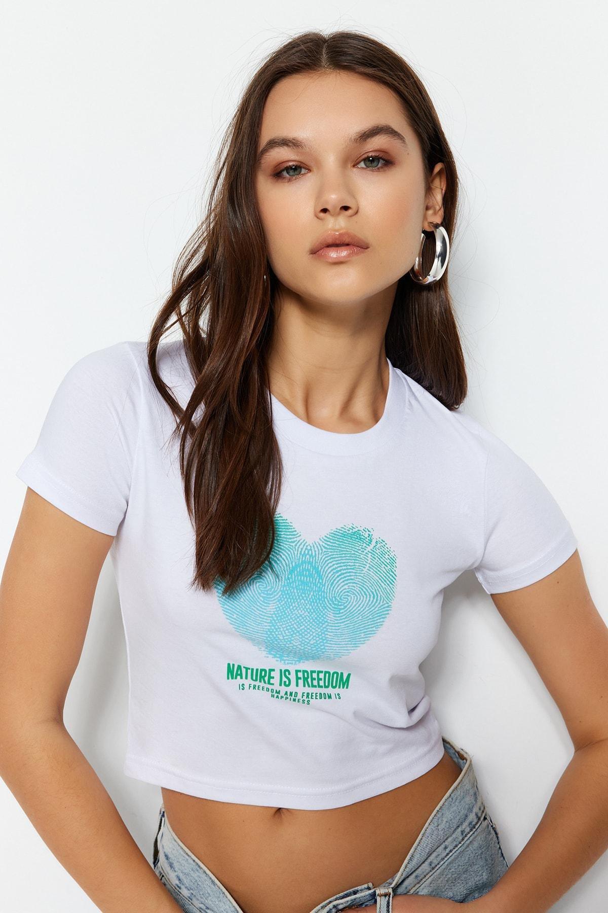 White Heart Crew Neck Slim T-Shirt, White, large image number 0