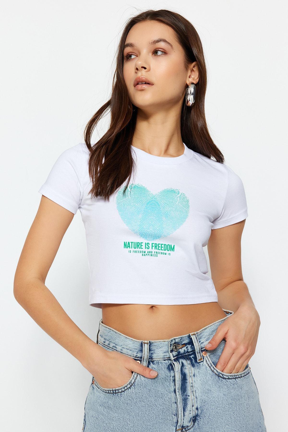 White Heart Crew Neck Slim T-Shirt, White, large image number 1