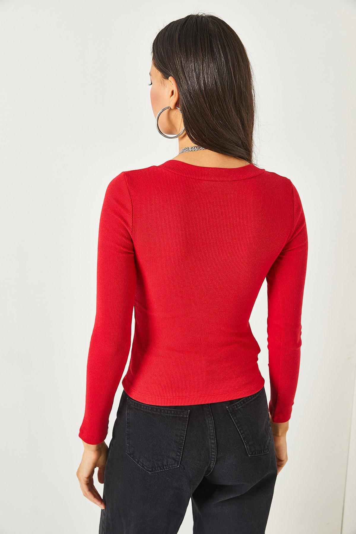 Red V-Neck Corduroy Lycra Crop Top, Red, large image number 3