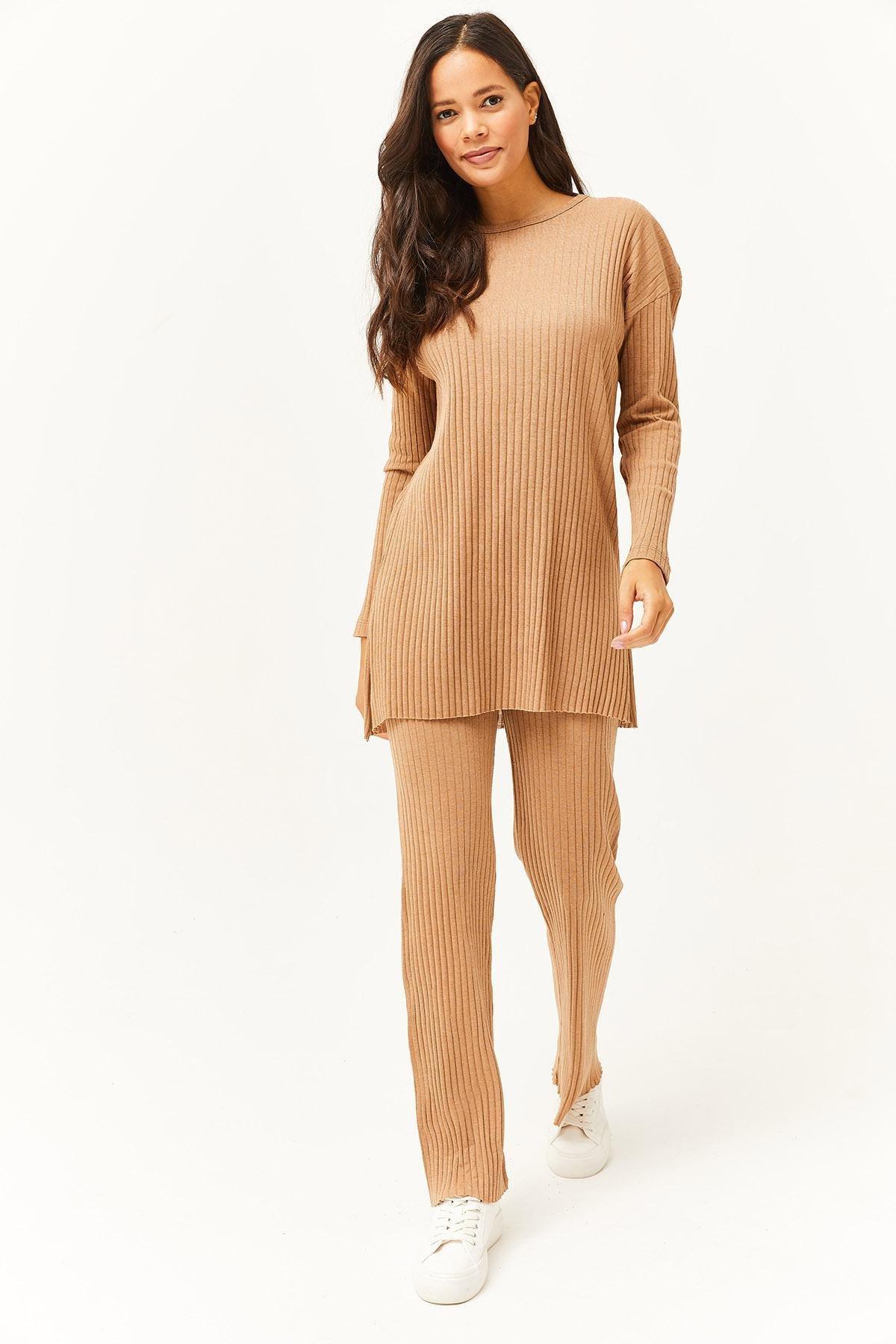 Brown Slit Detailed Palazzo Ribbed Co-Ord Set, , large image number 1