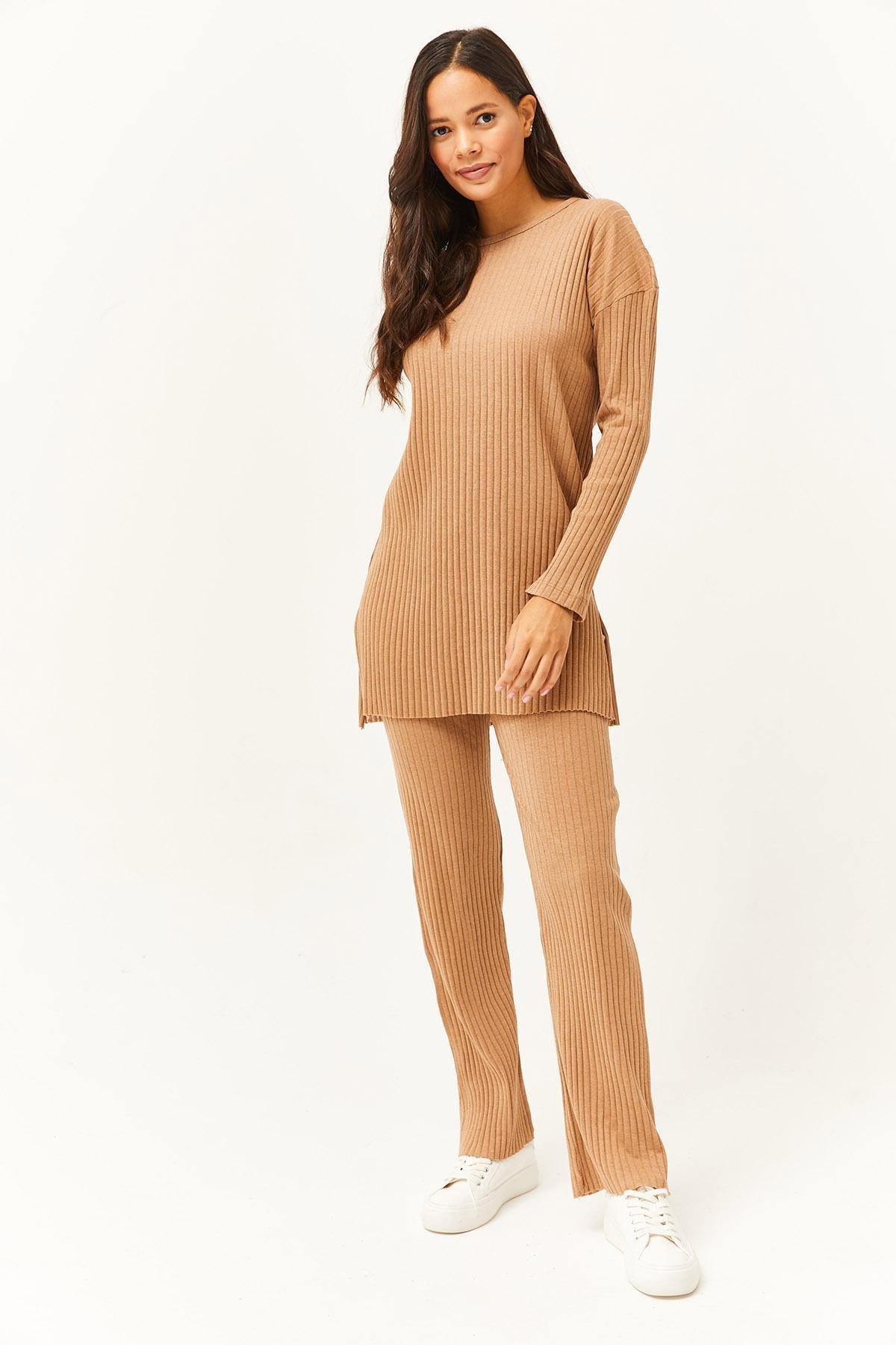 Brown Slit Detailed Palazzo Ribbed Co-Ord Set, , large image number 3