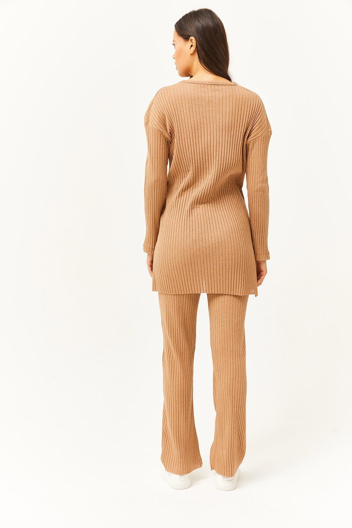 Brown Slit Detailed Palazzo Ribbed Co-Ord Set, , large image number 4
