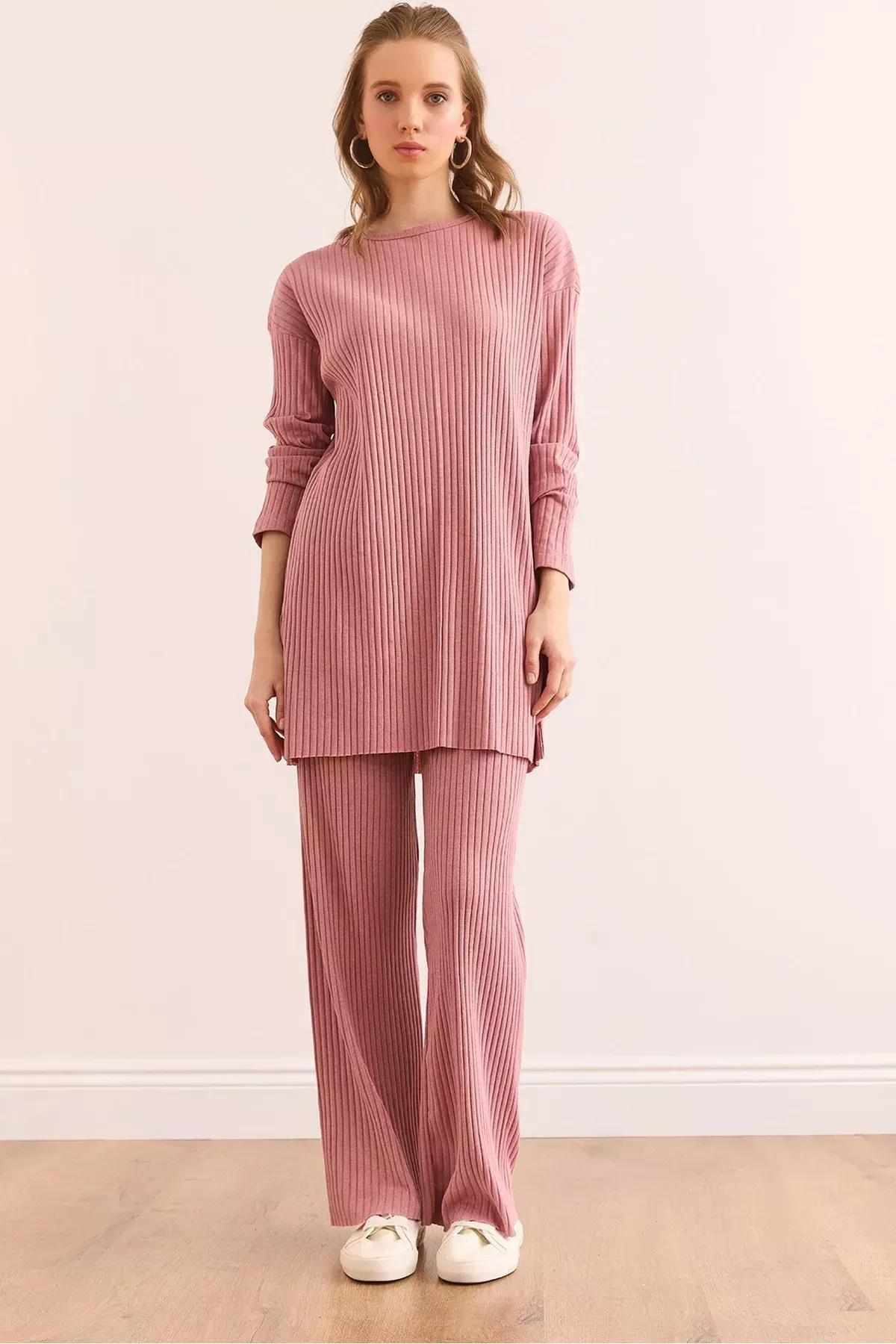 Pink Slit Ribbed Co-Ord Set, , medium