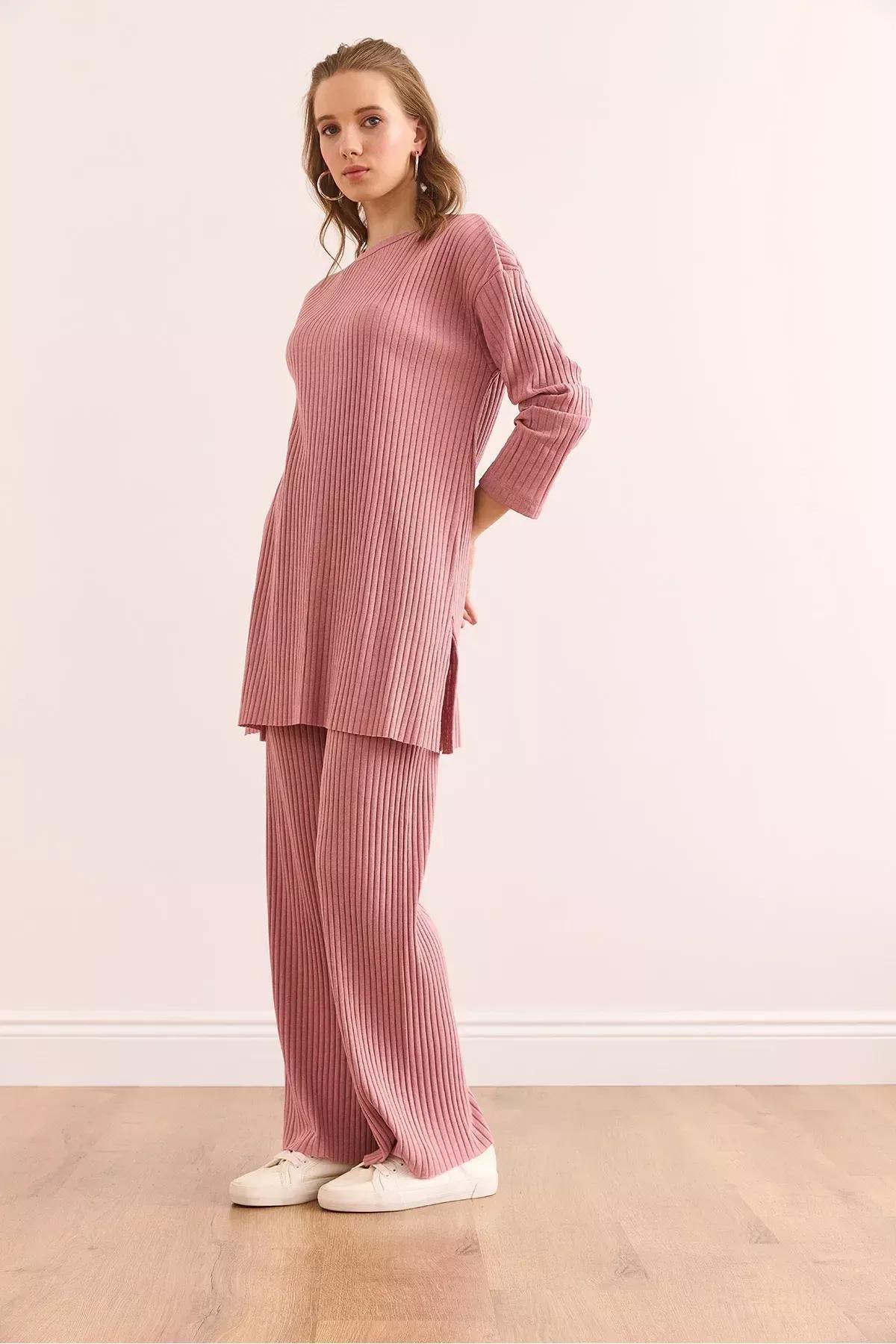 Pink Slit Ribbed Co-Ord Set, Dried rose, medium