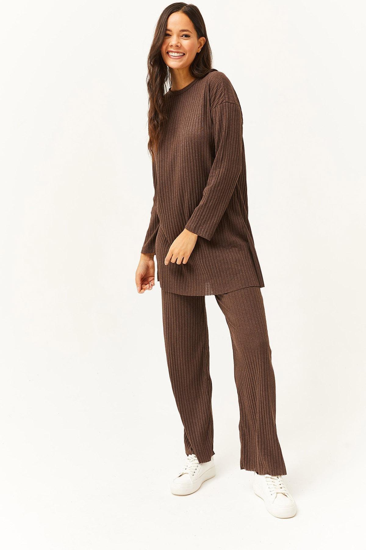 Brown Slit Detailed Palazzo Corduroy Co-Ord Set, Bitter Brown, large image number 0