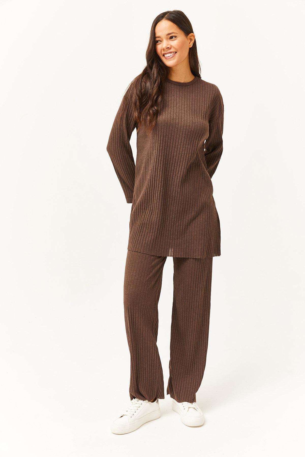 Brown Slit Detailed Palazzo Corduroy Co-Ord Set, Bitter Brown, large image number 1