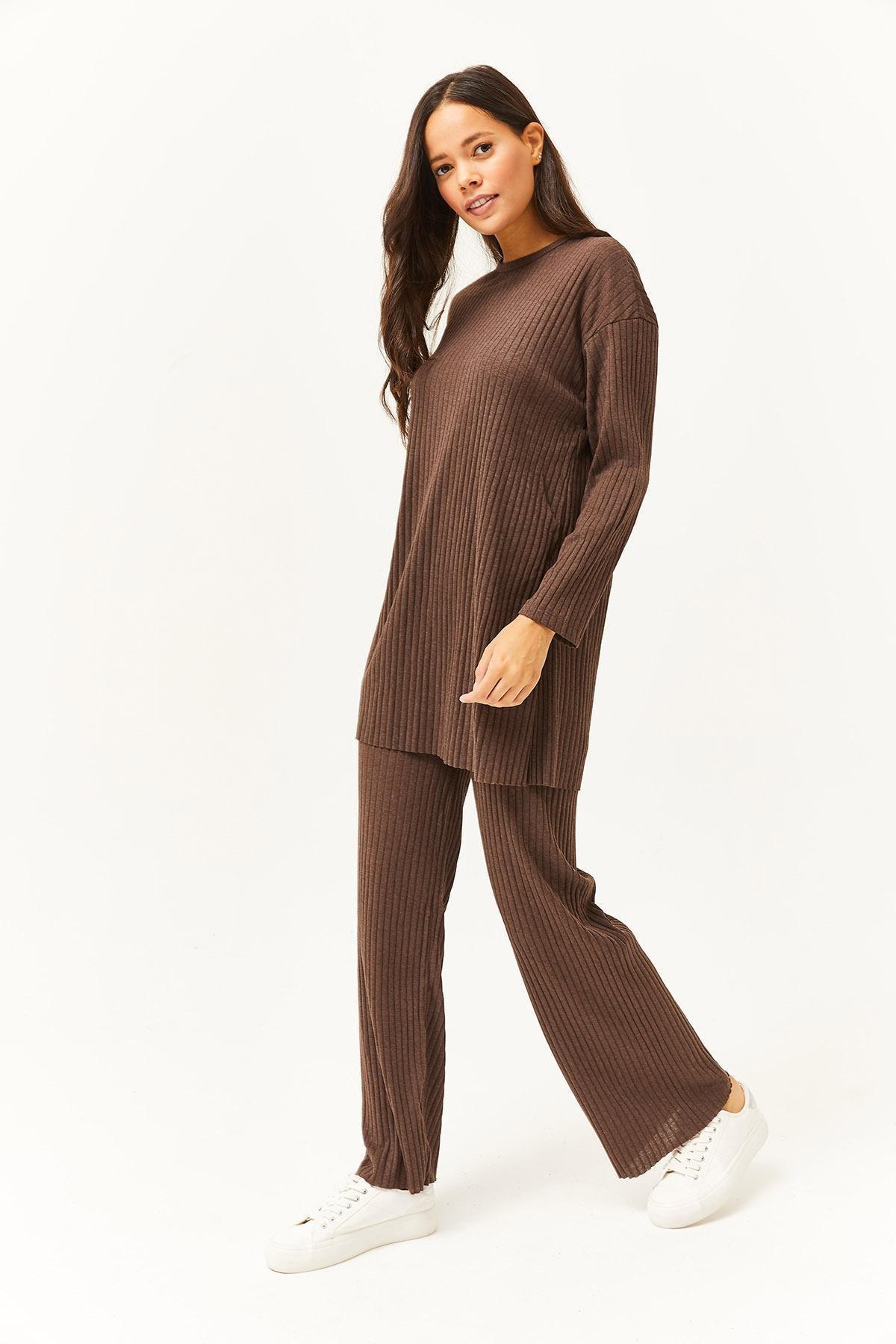 Brown Slit Detailed Palazzo Corduroy Co-Ord Set, Bitter Brown, large image number 3