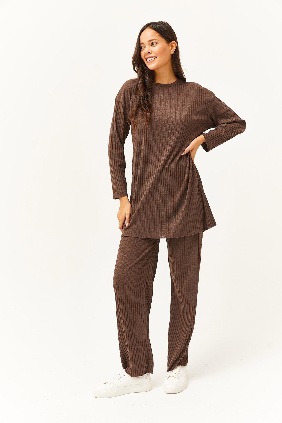 Brown Slit Detailed Palazzo Corduroy Co-Ord Set, Bitter Brown, large image number 4