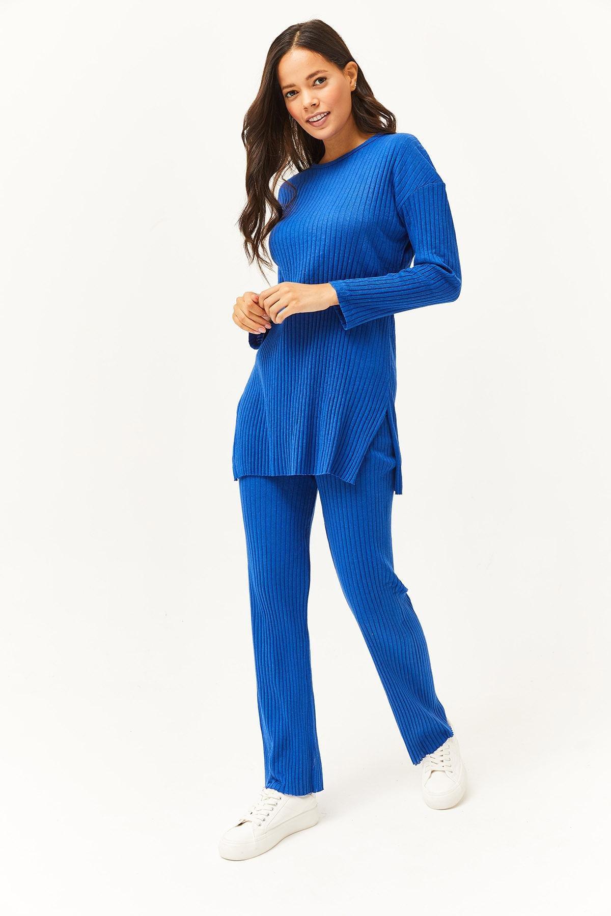 Saxe Blue Top Slit Blouse Bottom Palazzo Ribbed Suit TKM-, , large image number 1