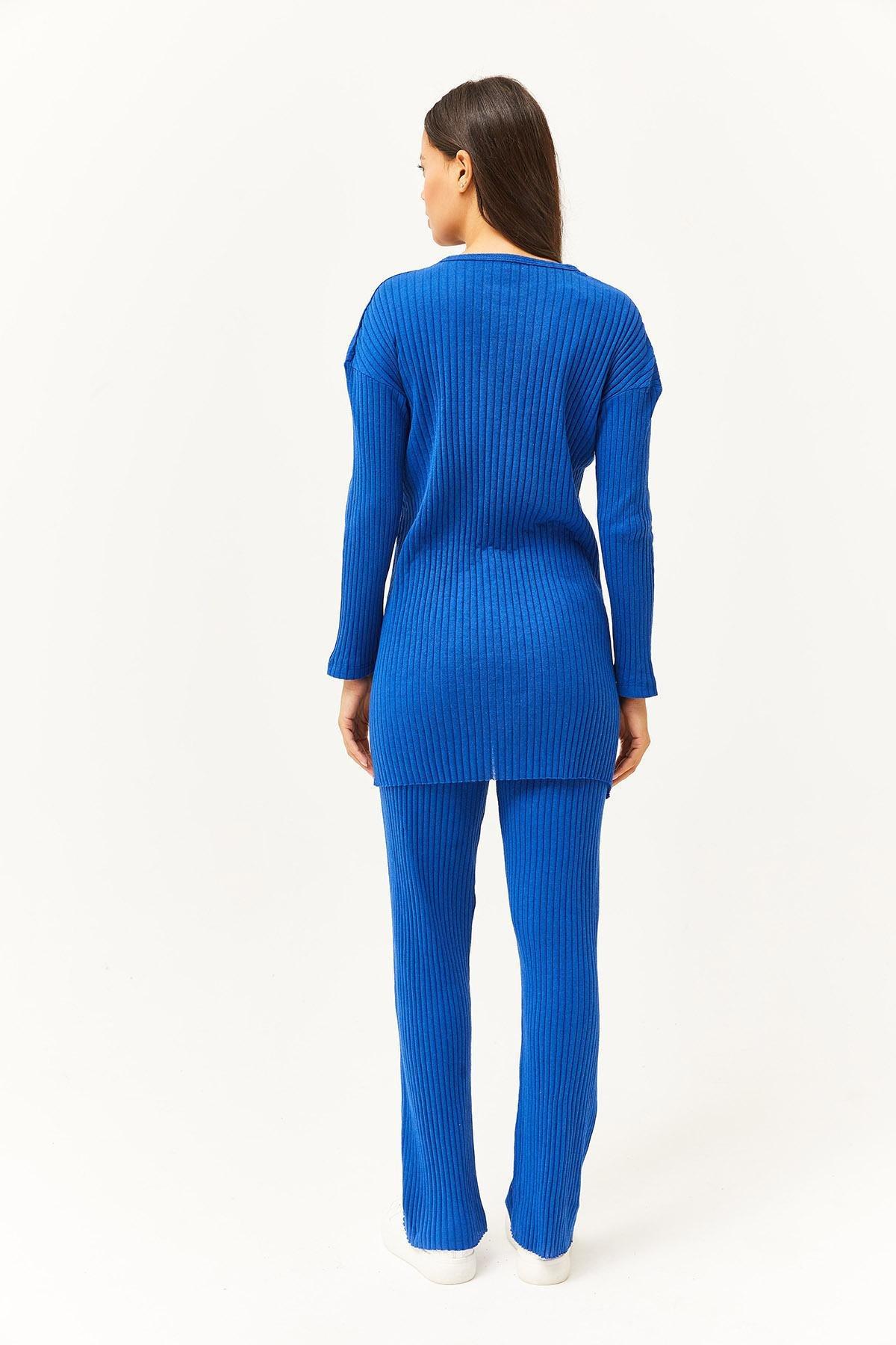 Saxe Blue Top Slit Blouse Bottom Palazzo Ribbed Suit TKM-, , large image number 2