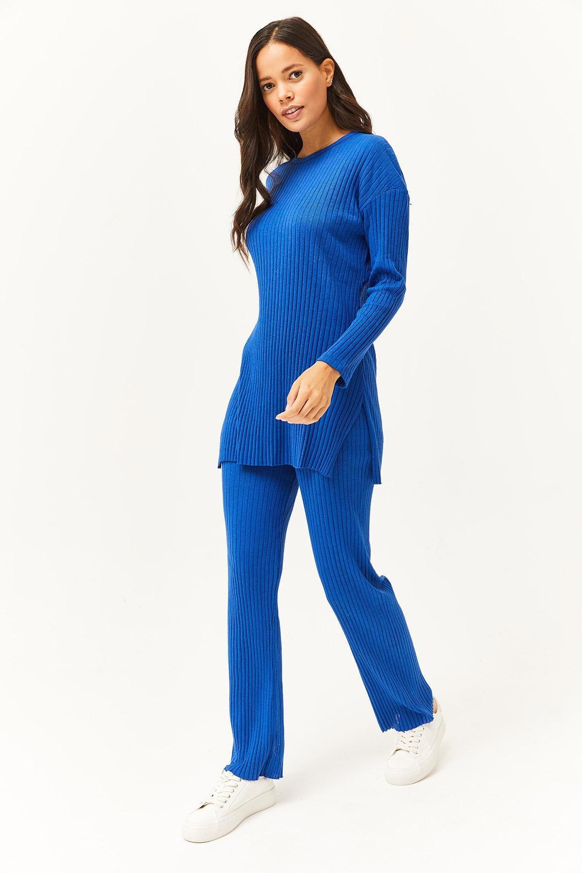 Saxe Blue Top Slit Blouse Bottom Palazzo Ribbed Suit TKM-, , large image number 3