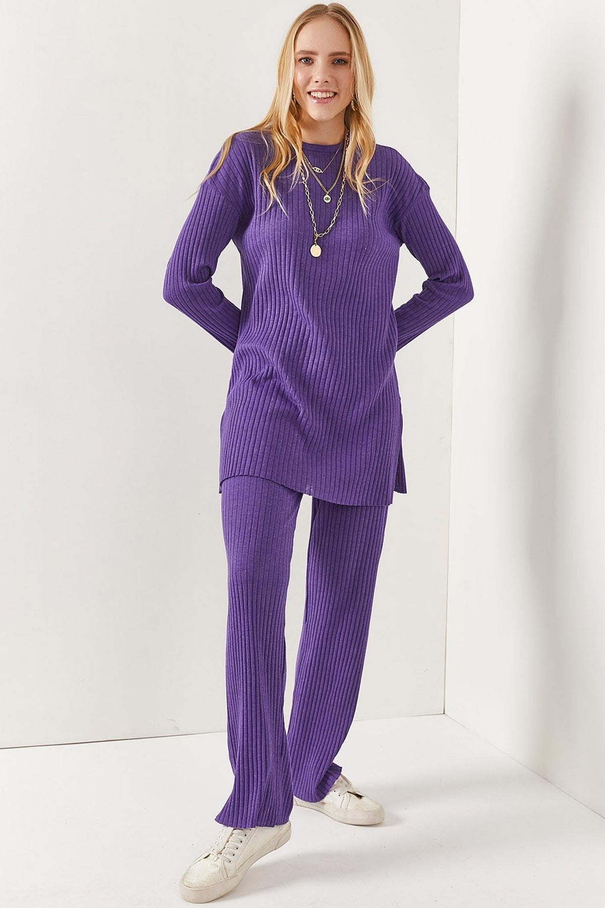 Purple Slit Detailed Palazzo Corduroy Co-Ord Set, Purple, large image number 0