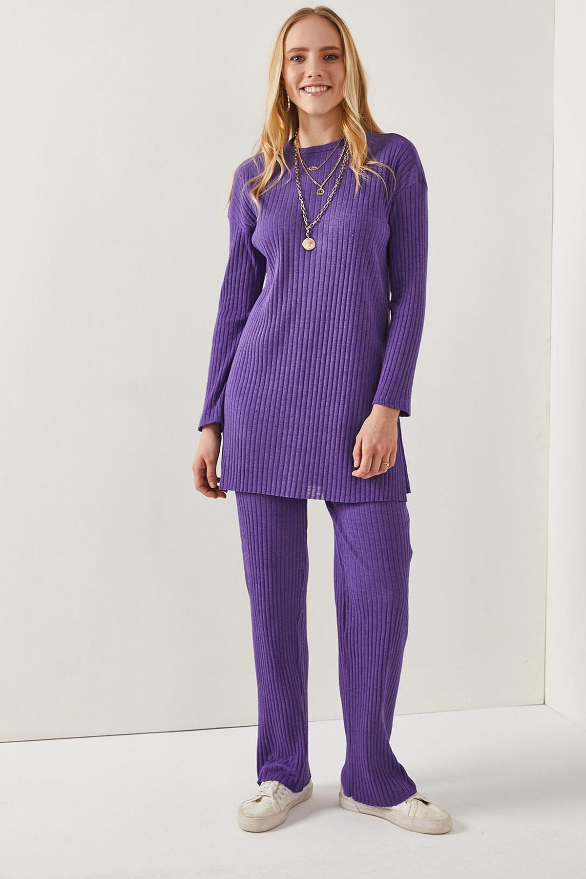 Purple Slit Detailed Palazzo Corduroy Co-Ord Set, Purple, large image number 1