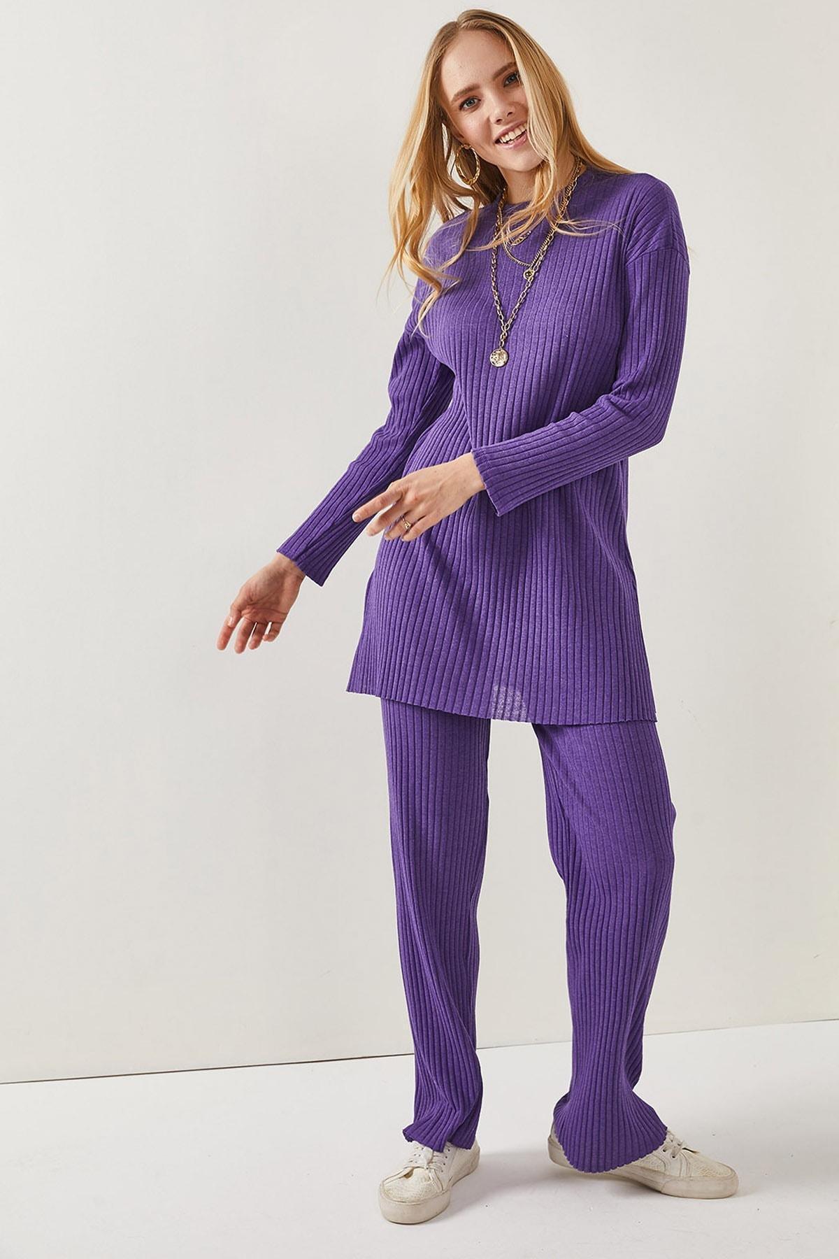 Purple Slit Detailed Palazzo Corduroy Co-Ord Set, Purple, large image number 2
