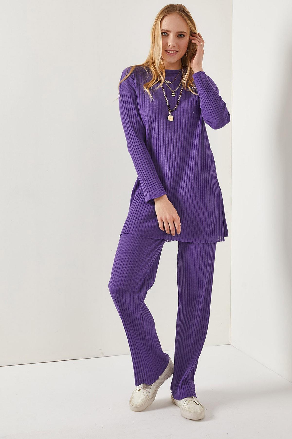 Purple Slit Detailed Palazzo Corduroy Co-Ord Set, Purple, large image number 3