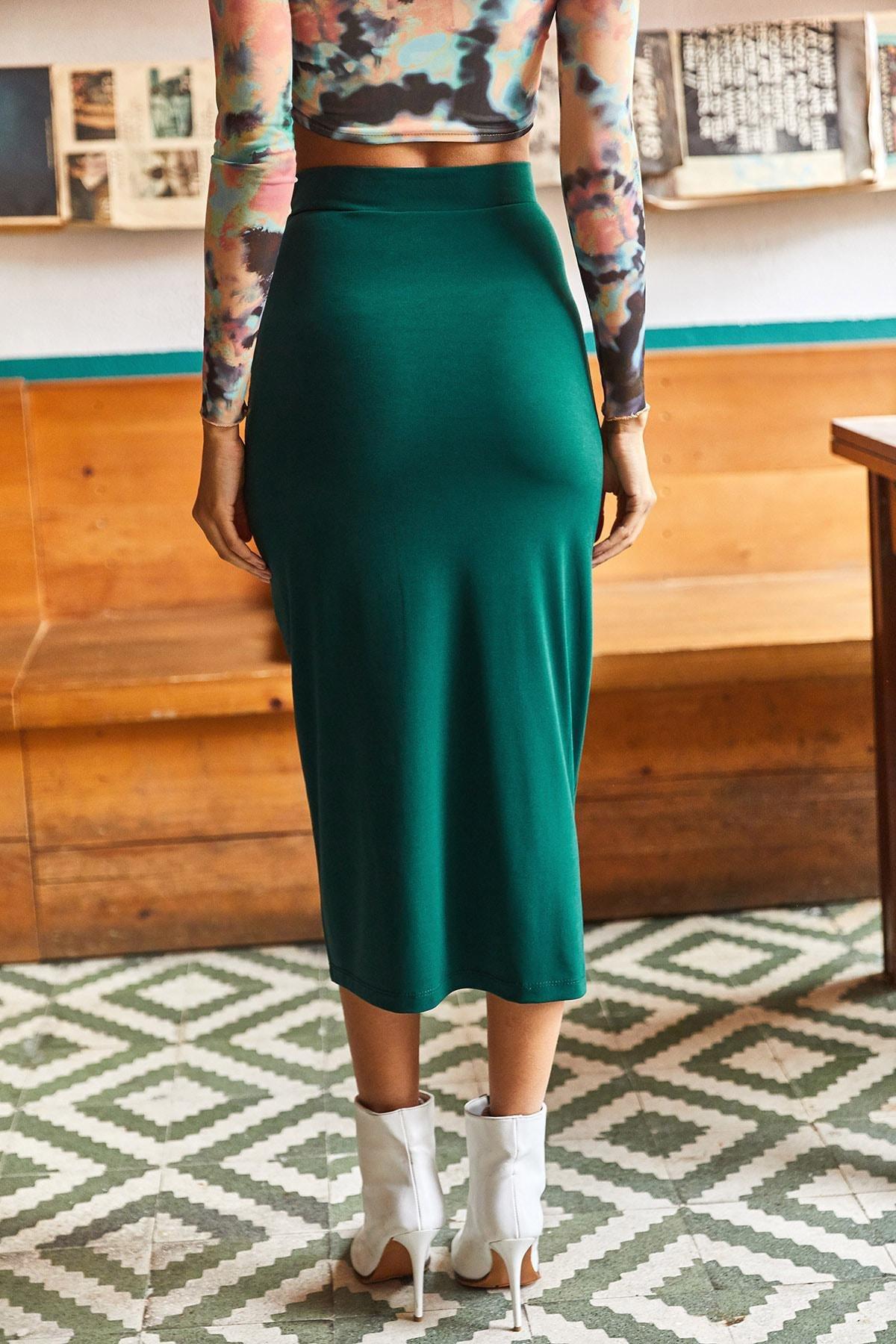 Green Detailed Zippered Midi Skirt, , large image number 4