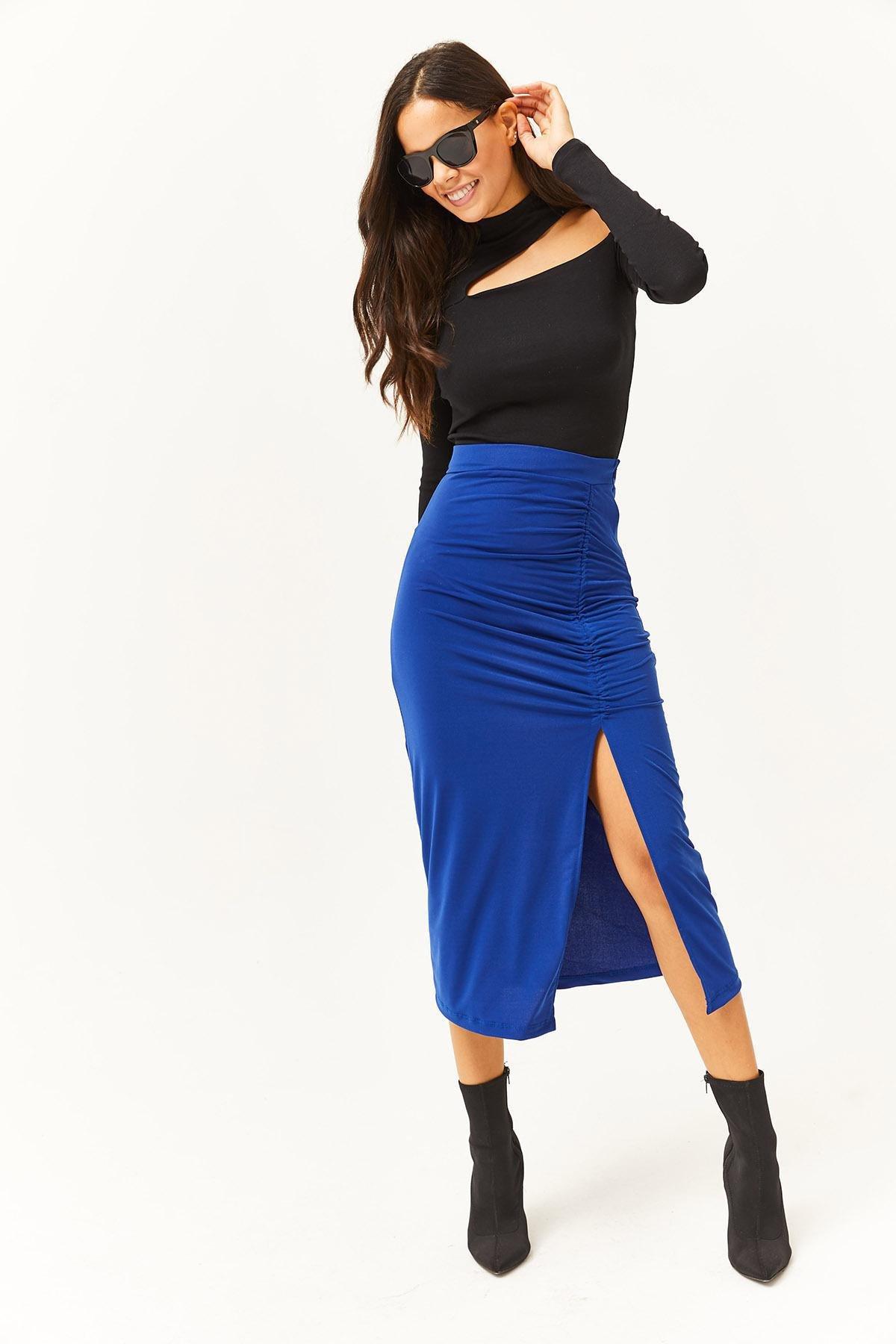 Blue Slit Draped Midi Skirt, C101_4432, large image number 1