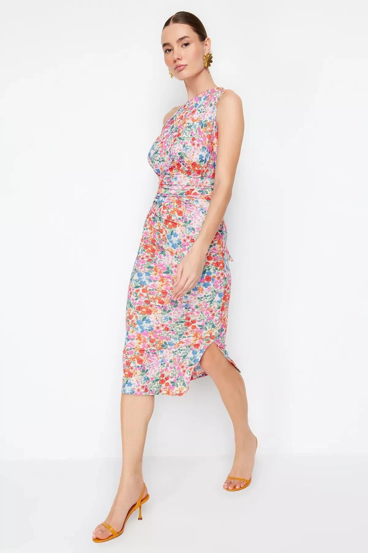 Multicolour One-Shoulder Gathered Pencil Dress, C101_1704, large image number 0