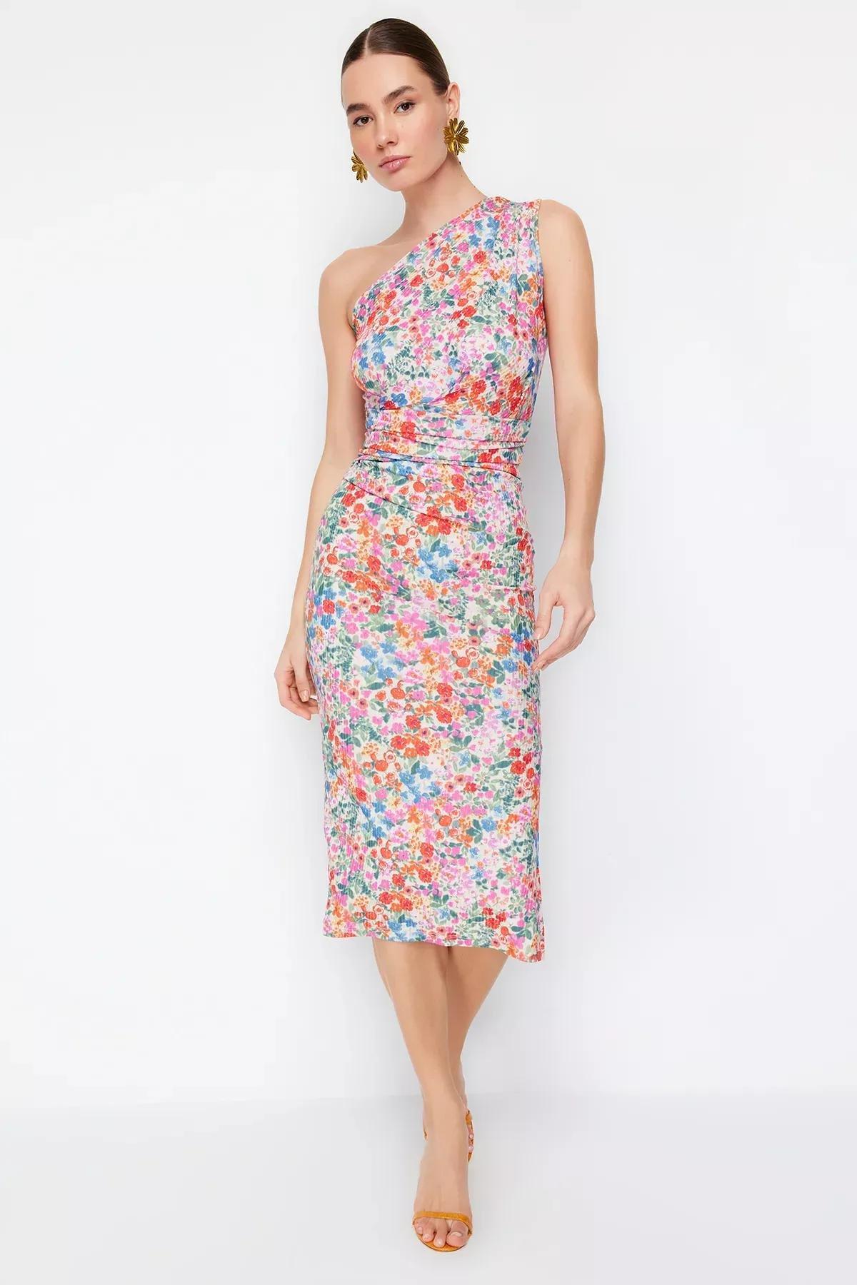 Multicolour One-Shoulder Gathered Pencil Dress, C101_1704, large image number 2